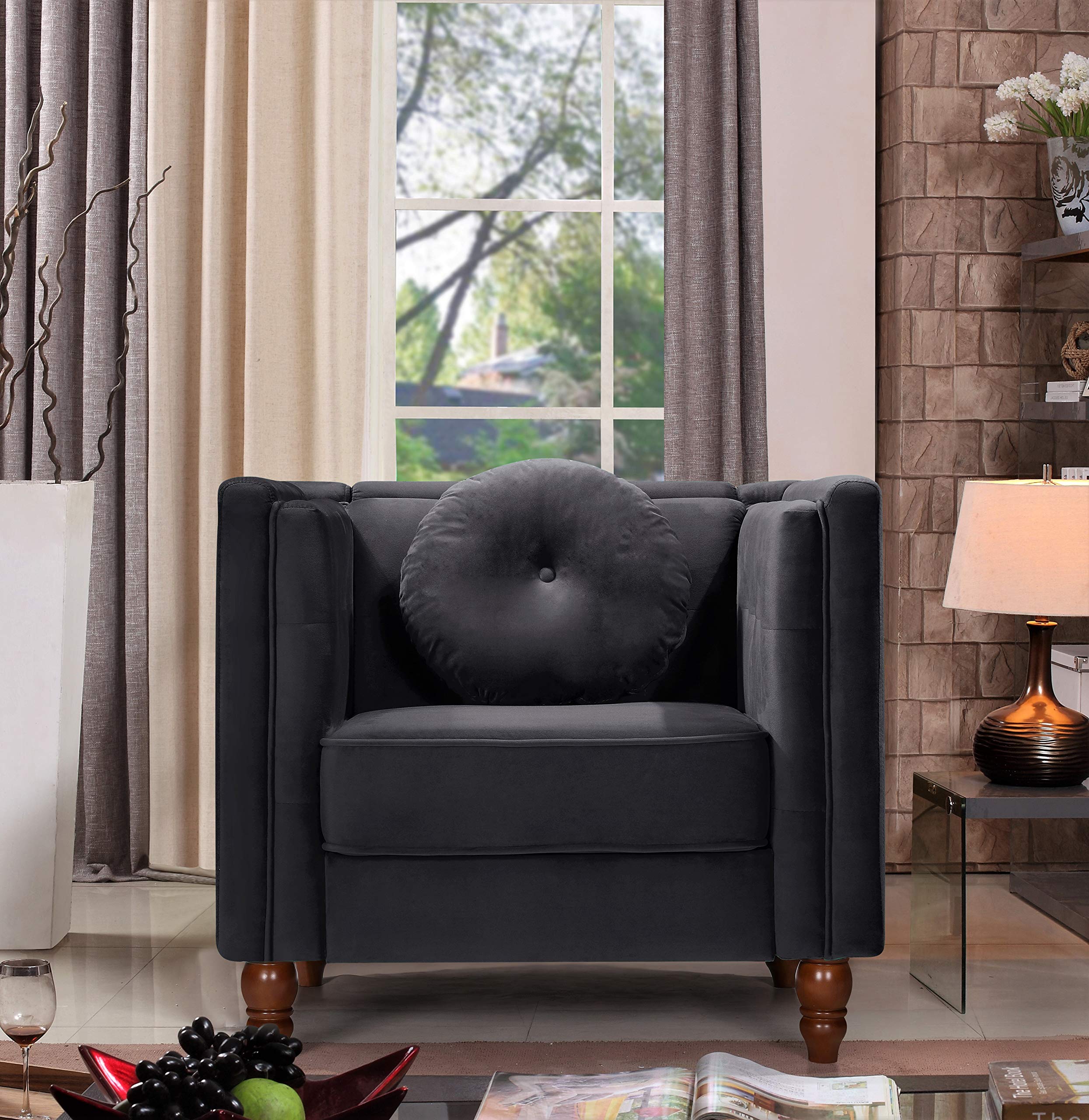 Lexie Velvet Upholstered Mid Century Modern Accent Chair - Cozy Reading Armchair for Bedroom, Living Room, Nursery, Home Office - Soft Club Sitting Chair with Sturdy Frame (Black) - Perfect for Relaxing, Reading & Small Space Decor