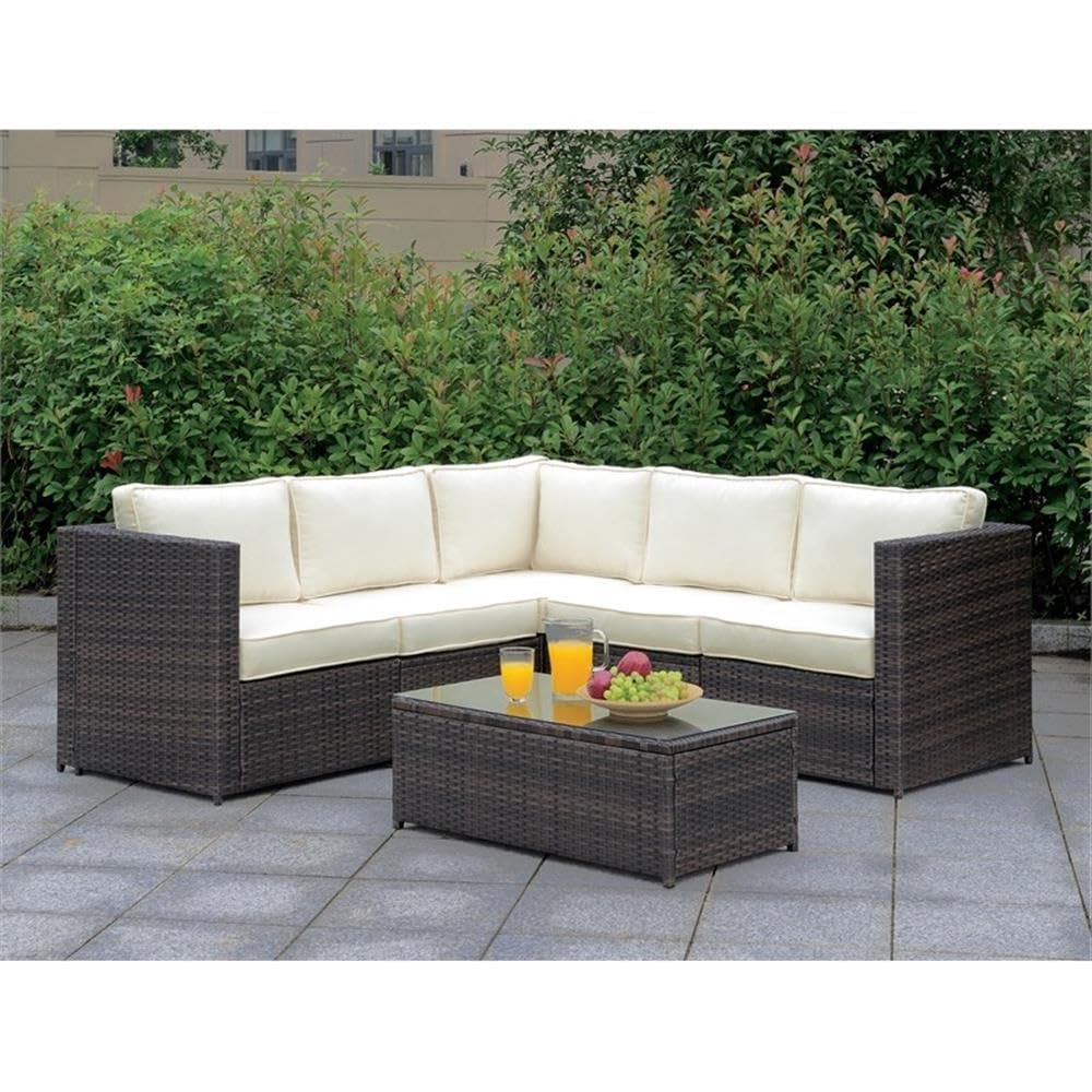 Furniture of America Daley Rattan Outdoor Sectional Sofa Set - 5-Piece Brown Wicker Patio Furniture for Backyard, Poolside & Garden Lounge