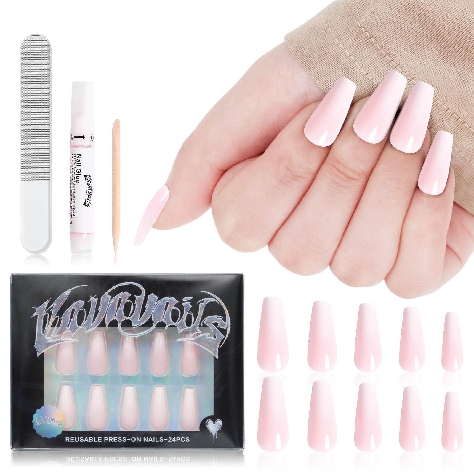 Long Coffin Press On Nails - Semi-Transparent Pink Blush Fake Nails with Glue & Jellied Gel, Reusable 24-Piece Kit (12 Sizes) for Women | Perfect for Parties, Weddings, and Everyday Glam