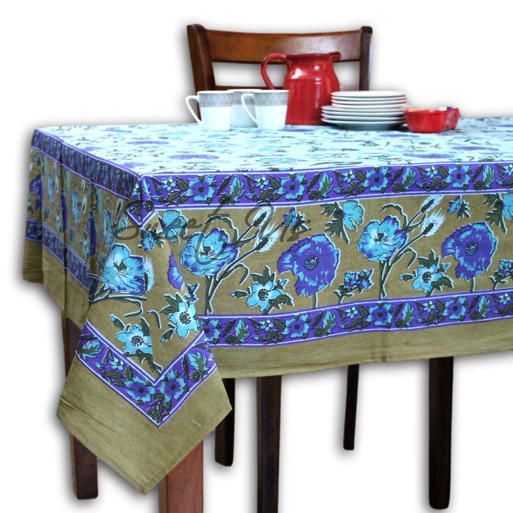 Olive Green Blue Purple Floral Vine Cotton Tablecloth - 70 x 106 Inch Rectangle Table Cover for Indoor & Outdoor Dining, Parties, Picnics & Home Decor