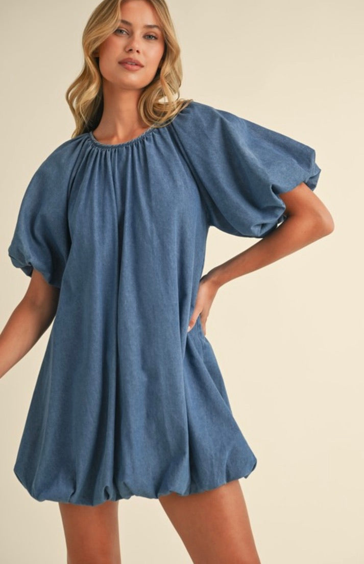 Stylish Denim Puff Sleeve Bubble Mini Dress for Women - Trendy Casual Outfit for Date Night, Parties & Summer Fashion