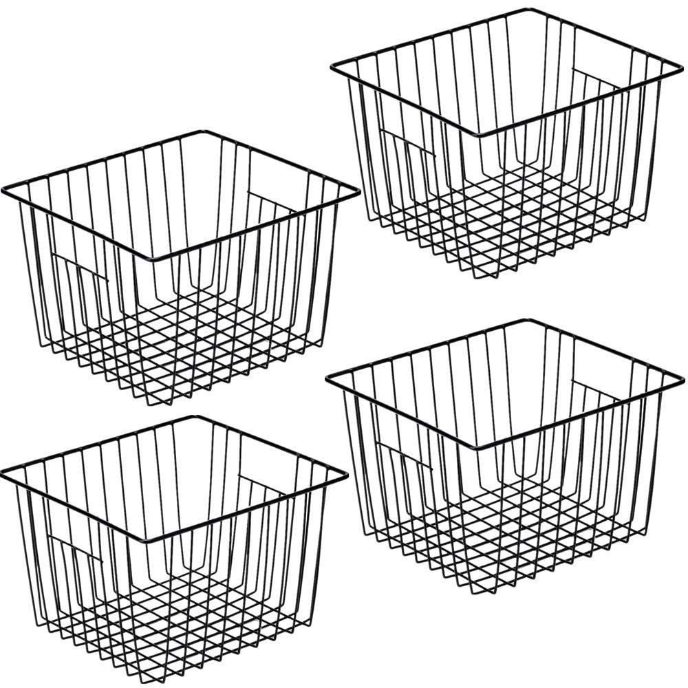 SANNO Black Wire Storage Baskets - 4 Pack Metal Organizer Bins for Pantry, Freezer, Kitchen Cabinet, Bathroom & Closet | Farmhouse Style Home Organization Solution for Shelves, Countertops & Under Sink Storage