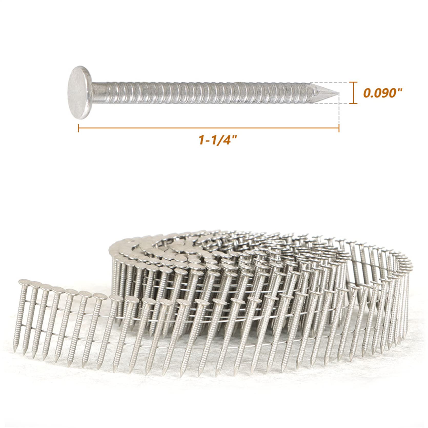 1200 Count 1-1/4 Inch 15-Degree Collated Wire Coil Stainless Steel Ring Shank Nails (0.09 Inch) - Heavy Duty Siding Nails for Lathing, Sheathing & Framing - Perfect for Roofing, Decking & Exterior Construction Projects