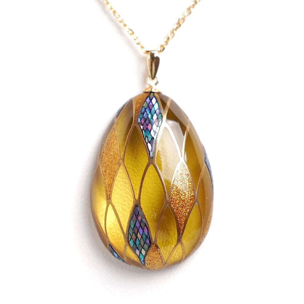 Handmade Japanese Maki-e Urushi Lacquer Pendant Necklace - Amber Dragon Scale Pattern Traditional Jewelry for Women | Gift for Her, Wedding, Anniversary & Special Occasions
