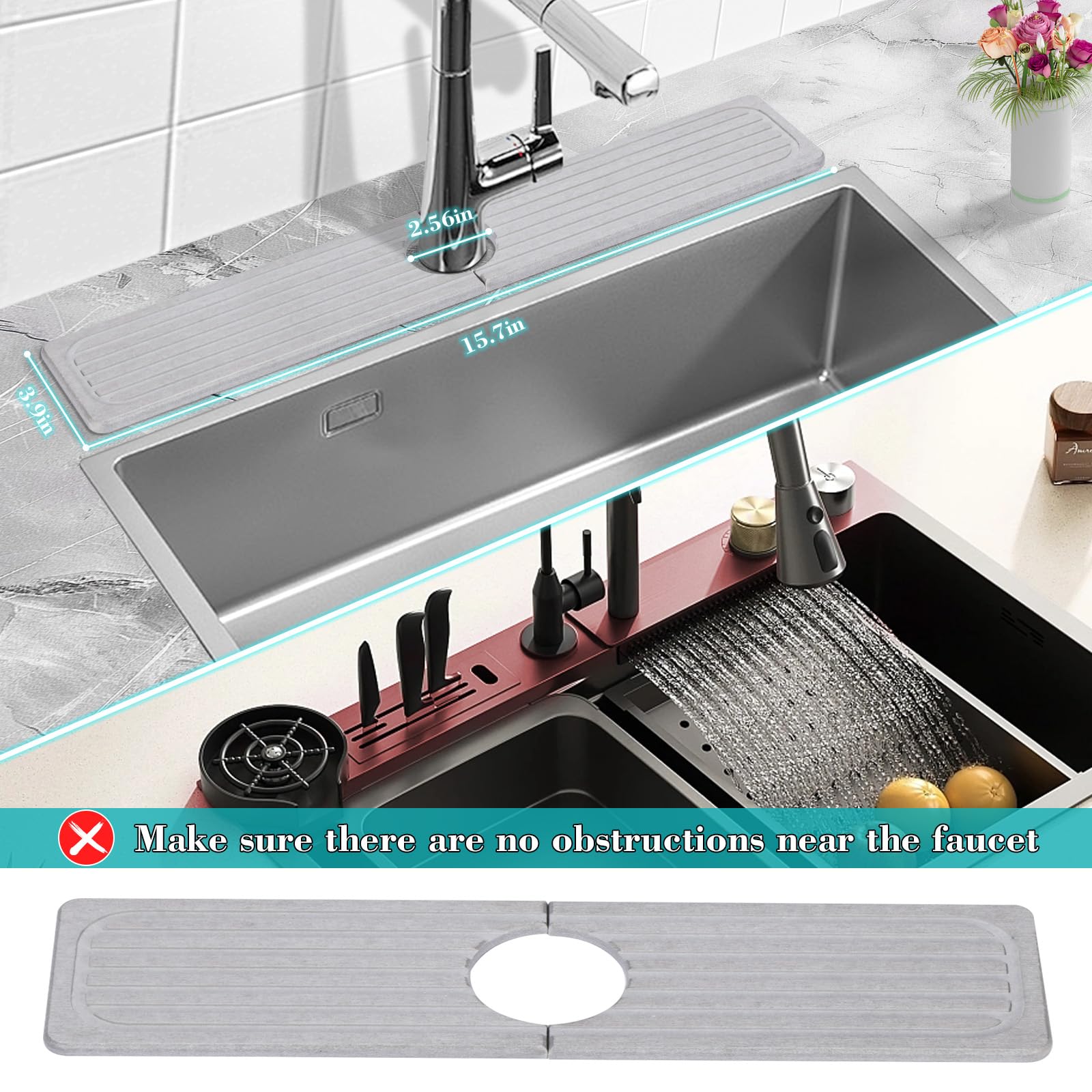 Premium Diatomite Stone Faucet Mat for Kitchen & Bathroom Sink - 15.7x3.9 Inch Quick Dry Non-Slip Counter Mat - Prevents Moisture & Water Spills - Perfect for Dishwashing, Handwashing & Countertop Protection (Gray)
