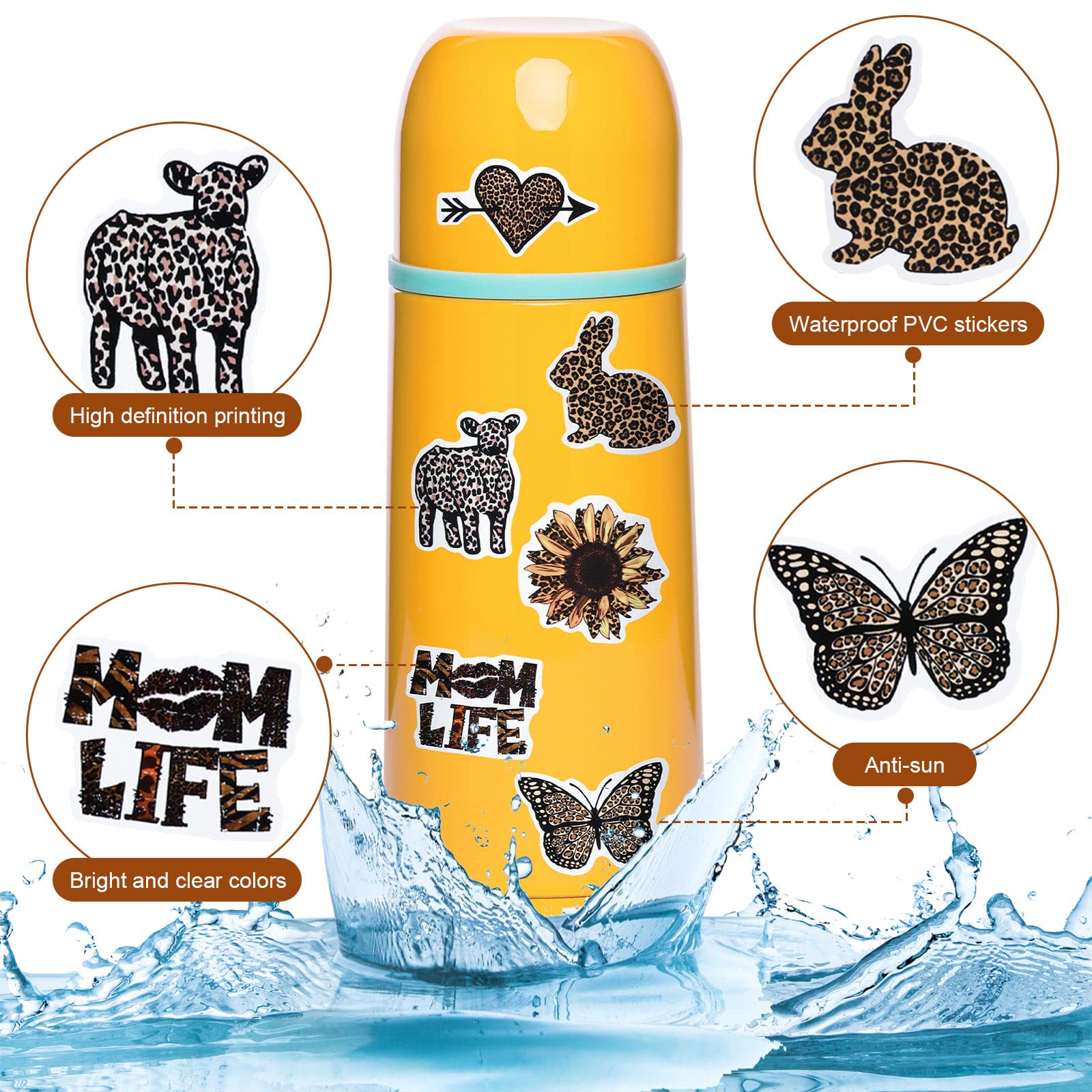 100 Pcs Leopard Print Stickers Pack - Waterproof Vinyl Cheetah Decals for Laptop, Guitar, Water Bottle, Car, Luggage & Phone - Trendy Animal Print Stickers for Women & Girls - Perfect for DIY Crafts, Scrapbooking & Personalizing Accessories