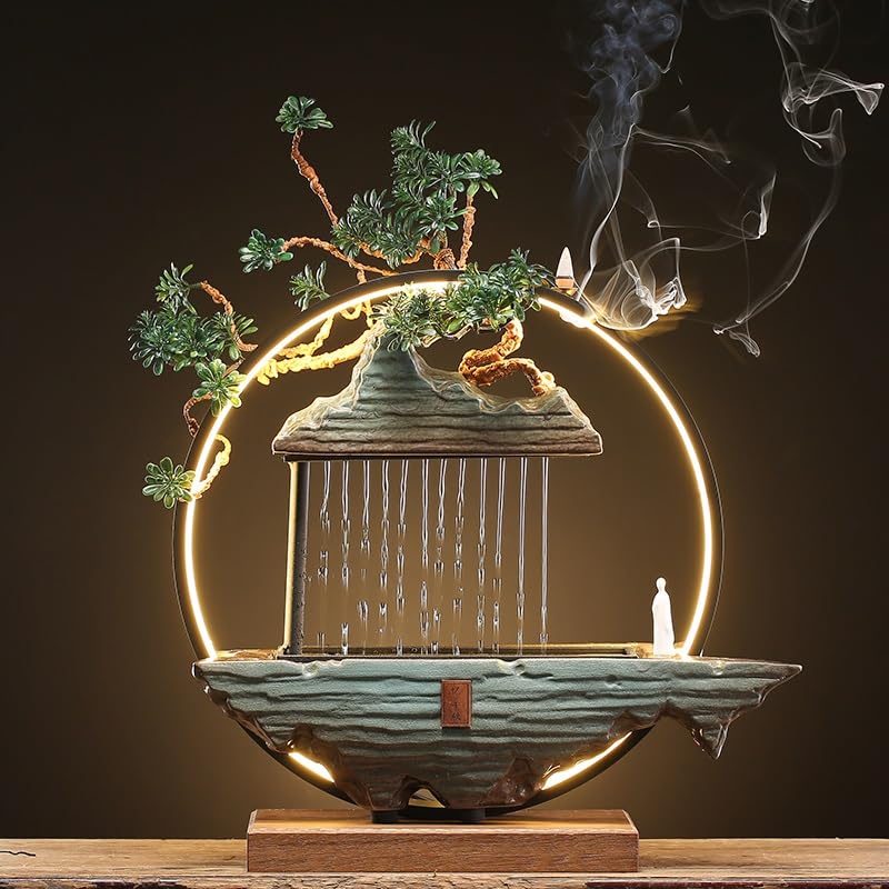Zen Desktop Water Fountain with Rockery & Feng Shui Wheel - Small Tabletop Fountain for Home Office Decor, Relaxing Indoor Water Feature with Circulating Pump - Perfect for Meditation, Stress Relief & Feng Shui Wealth Enhancement