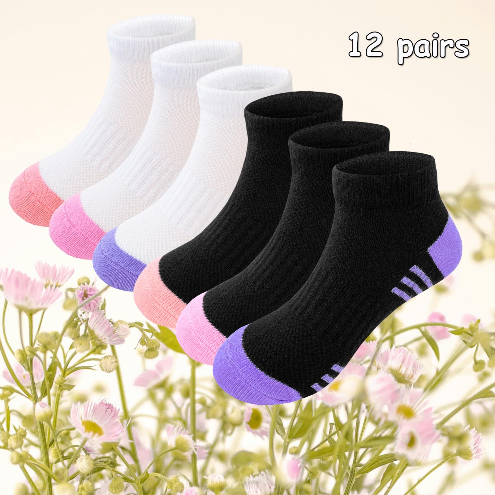 Bemeol 12 Pairs Girls Ankle Socks - Cotton Athletic Sports Socks for Kids - Low Cut Comfortable Socks for School, Running, and Daily Wear