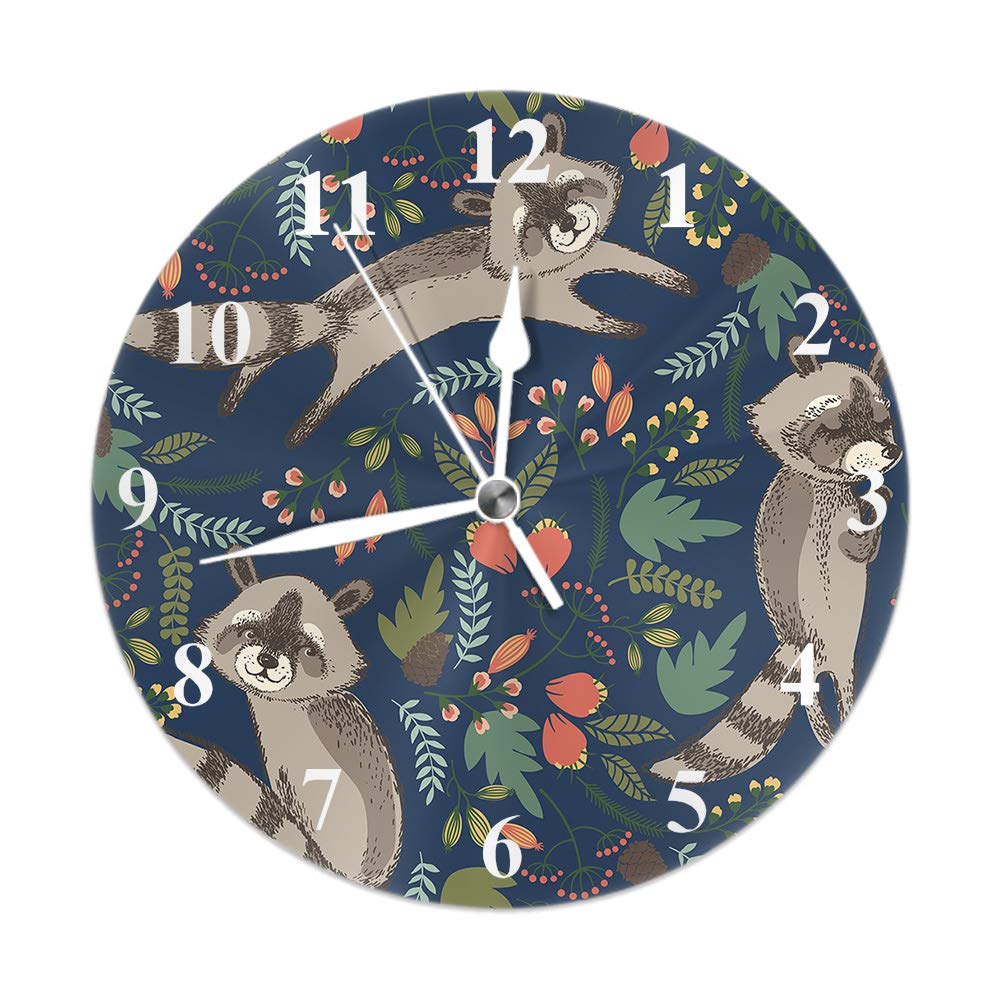 Moslion Raccoon Wall Clock - Cute Animal Design with Colorful Wildflowers & Leaves, Round Home Decor for Living Room, Bedroom, Nursery - Perfect Holiday, Birthday & Retirement Gift