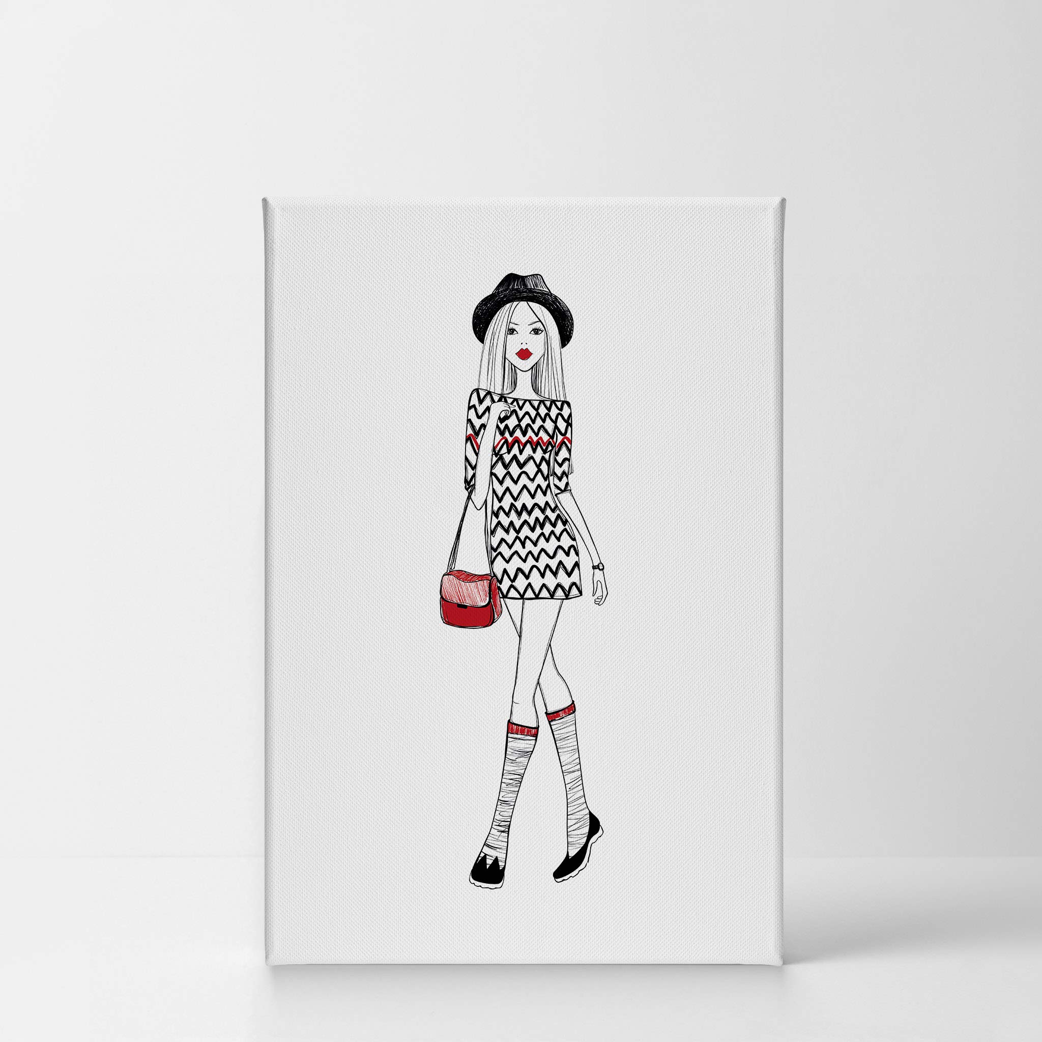 Glam Fashion Canvas Print - Beautiful Woman in Black Hat & Red Lips Wall Art | 40x30 Inch Ready to Hang | Perfect for Office, Bathroom, Teen Girl Room, Women's Dorm, Bedroom & Living Room Decor