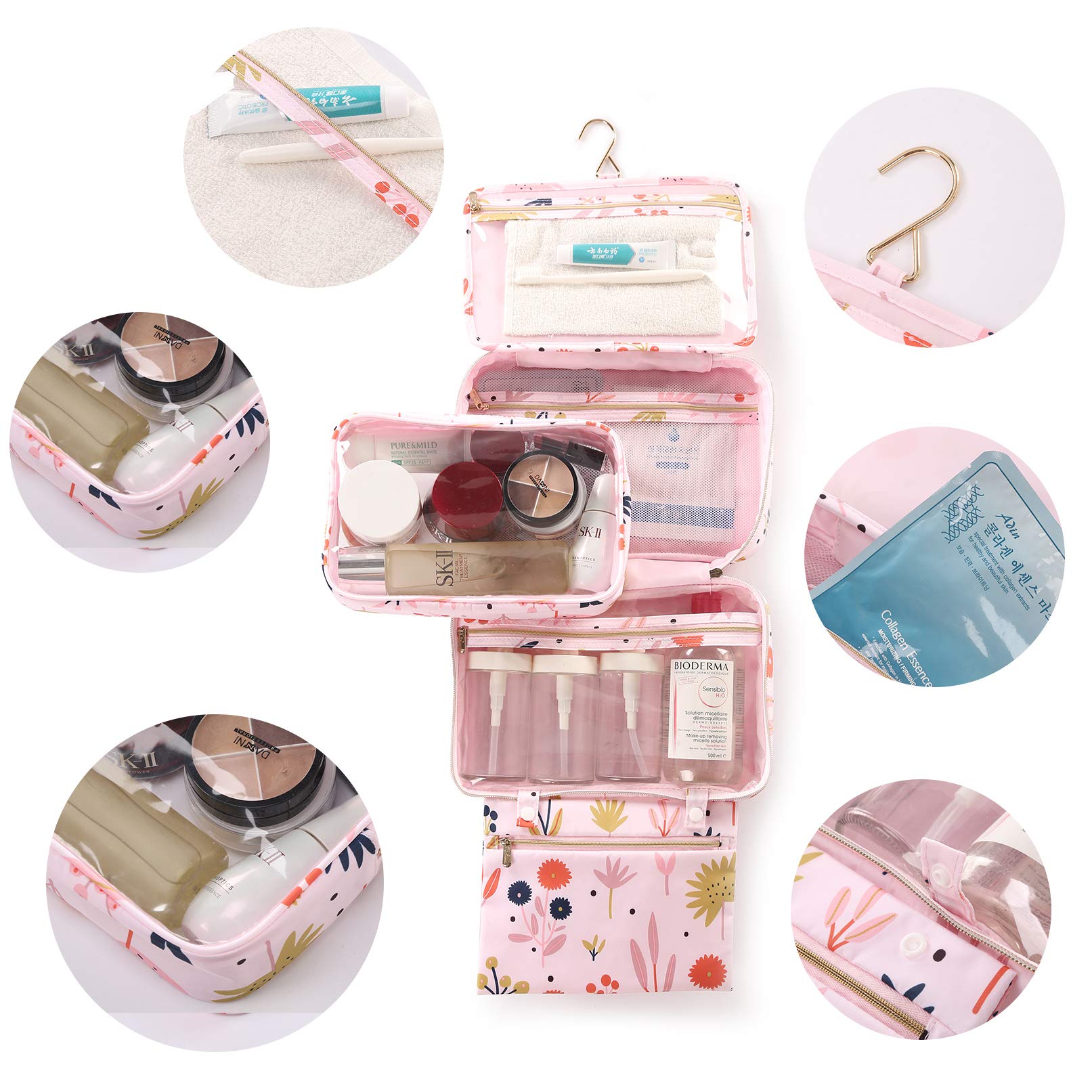 Lychii Hanging Toiletry Bag for Women - Large Floral Printed Travel Makeup Organizer & Cosmetic Case - Perfect for Bathroom, Shower, Gym, and Vacation Travel Accessories