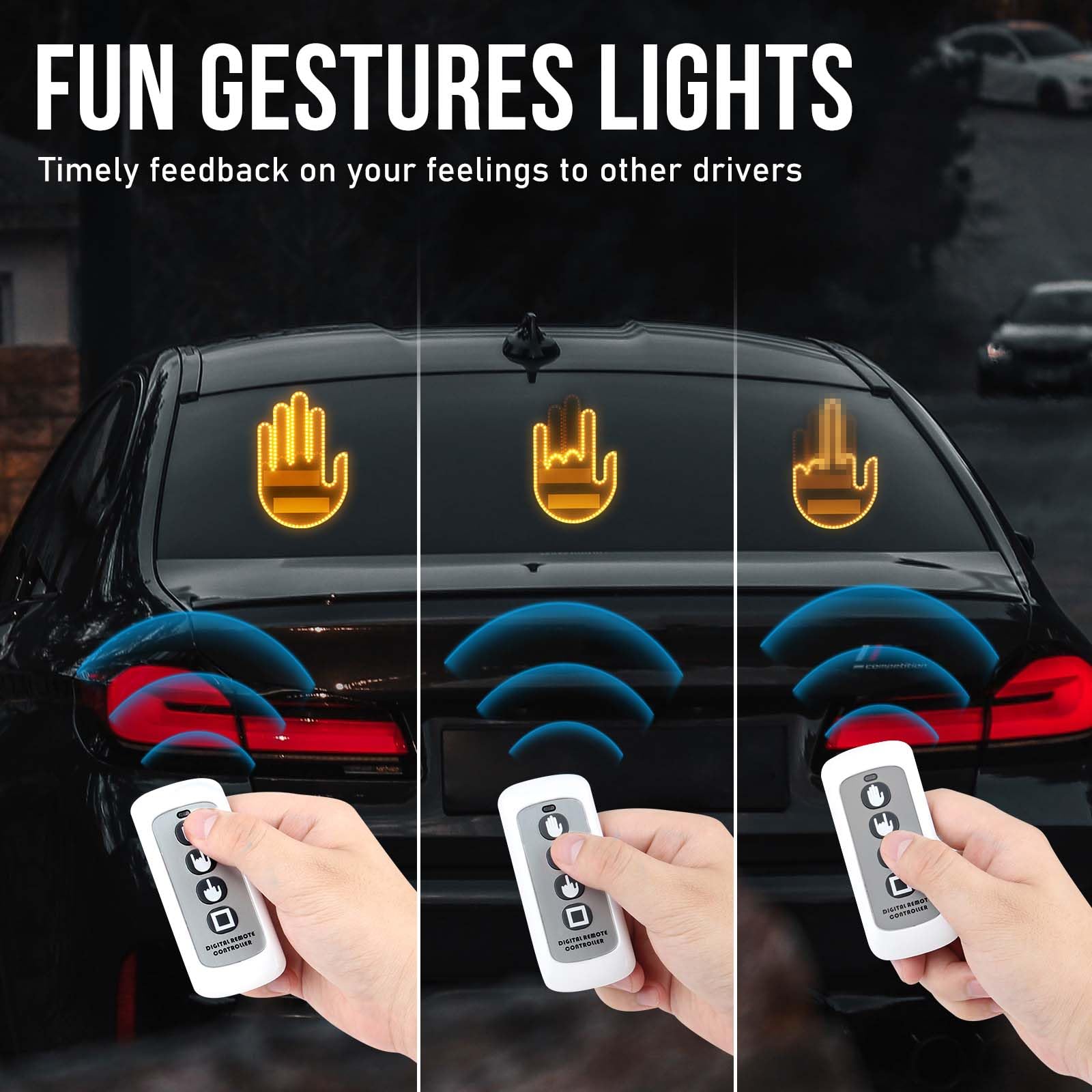 Hand Gesture LED Light for Cars - Remote Control Finger Light with 3 Modes, Funny Road Rage Sign, Cool Car Accessories & Perfect Gift for Drivers - Great for Traffic Jams, Night Driving & Expressing Emotions