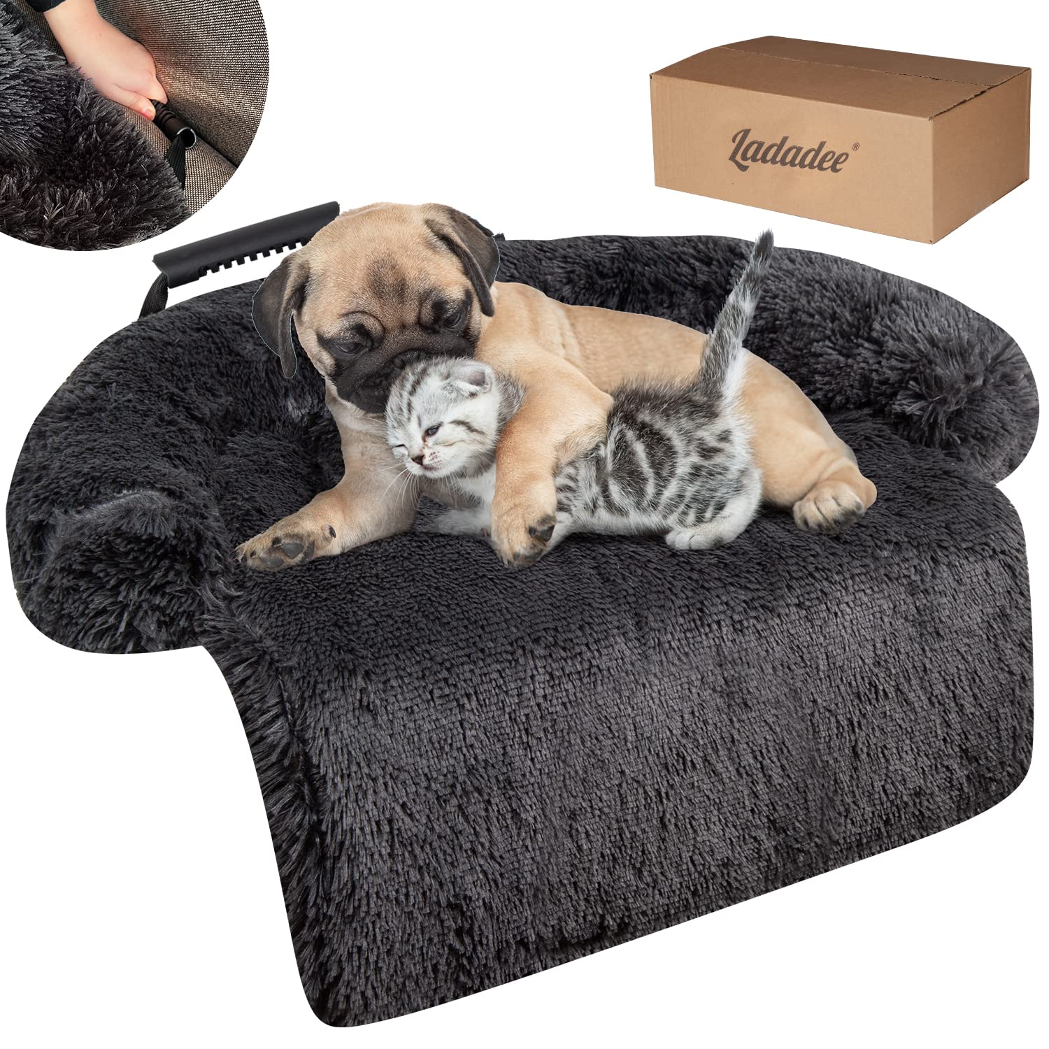 Ladadee Waterproof Dog Calming Couch Bed Protector Cover - Plush Pet Furniture Protection Sofa Cover with Neck Bolster, Soft Fluffy Bed Mat for Dogs & Cats - Perfect for Anxiety Relief, Crate Training & Home Decor