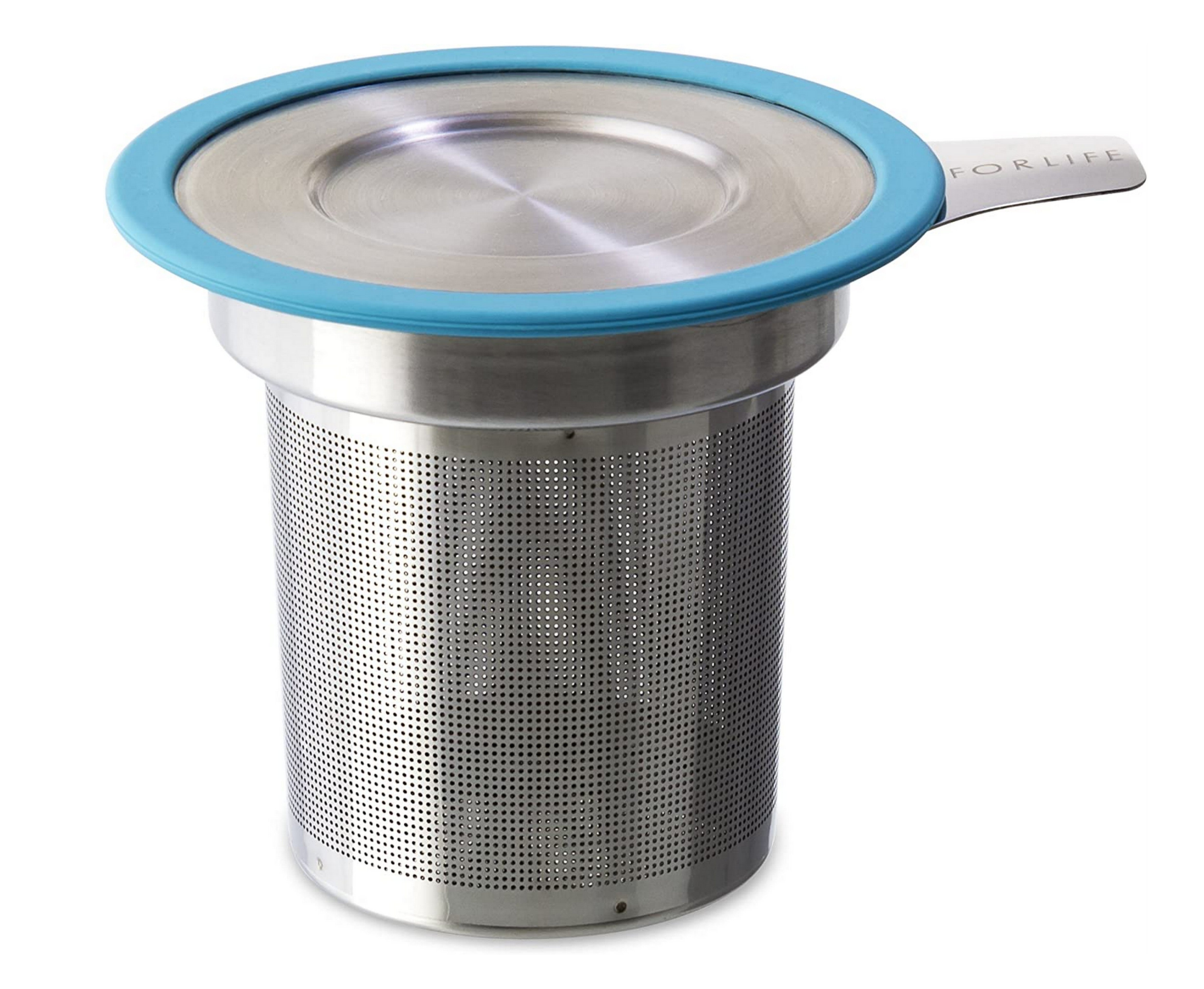 FORLIFE Brew in Mug Extra Fine Tea Infuser with Lid - Turquoise Color | Loose Leaf Tea Strainer for Hot & Iced Tea | Perfect for Home, Office or Travel Use