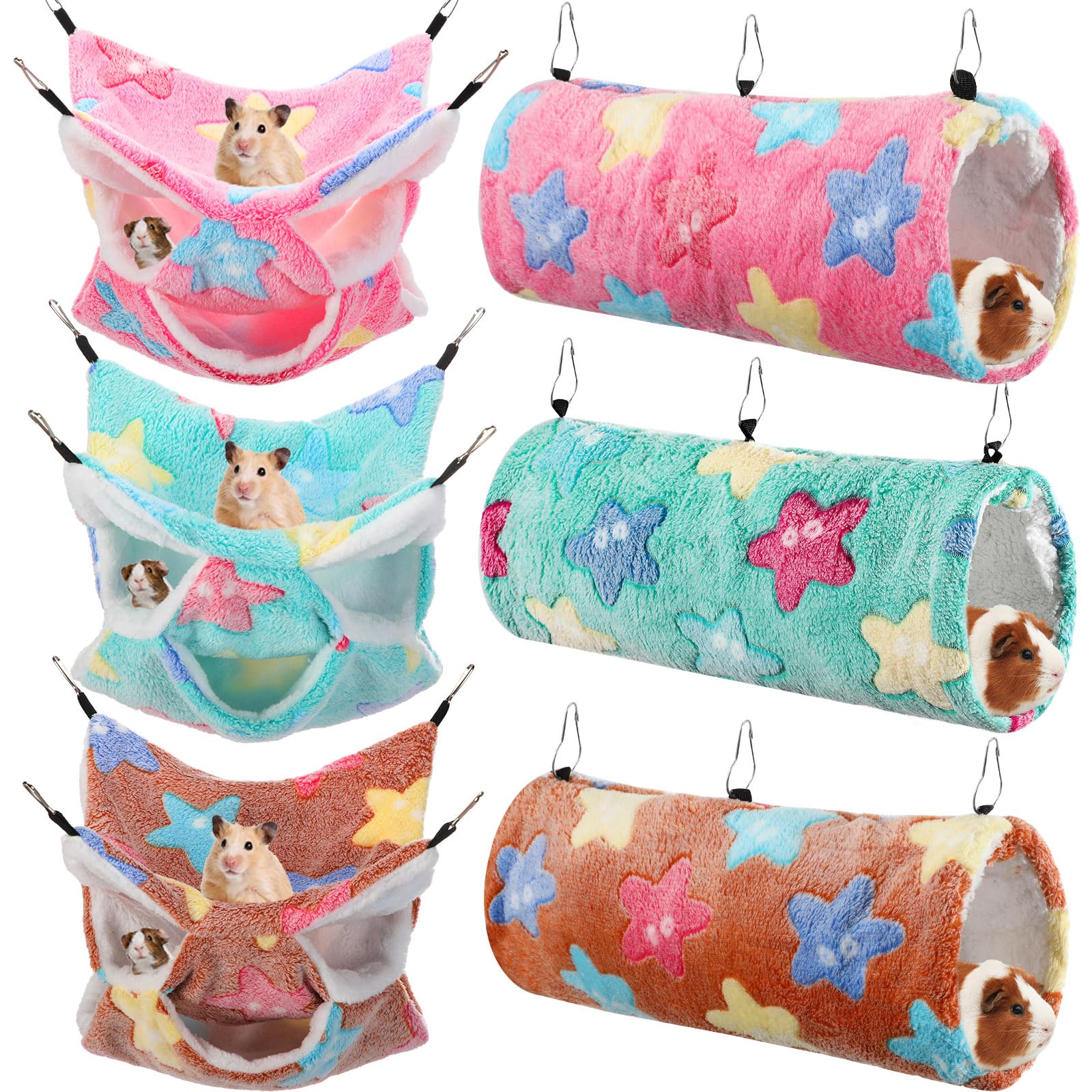 Sweetude 6-Piece Rat Hammocks Set - Ferret Hanging Tunnel & Sugar Glider Toy - Small Animal Hideout Bed for Cage - Guinea Pig & Hamster Accessories (Dreamy) - Perfect for Small Pets' Playtime & Nap Time