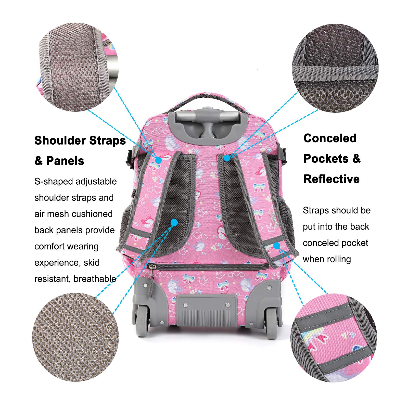 Tilami 19 Inch Rolling Backpack with Lunch Bag - Wheeled Laptop Backpack for School & Travel (Unicorn Pink) - Perfect for Students, Commuters & Business Professionals