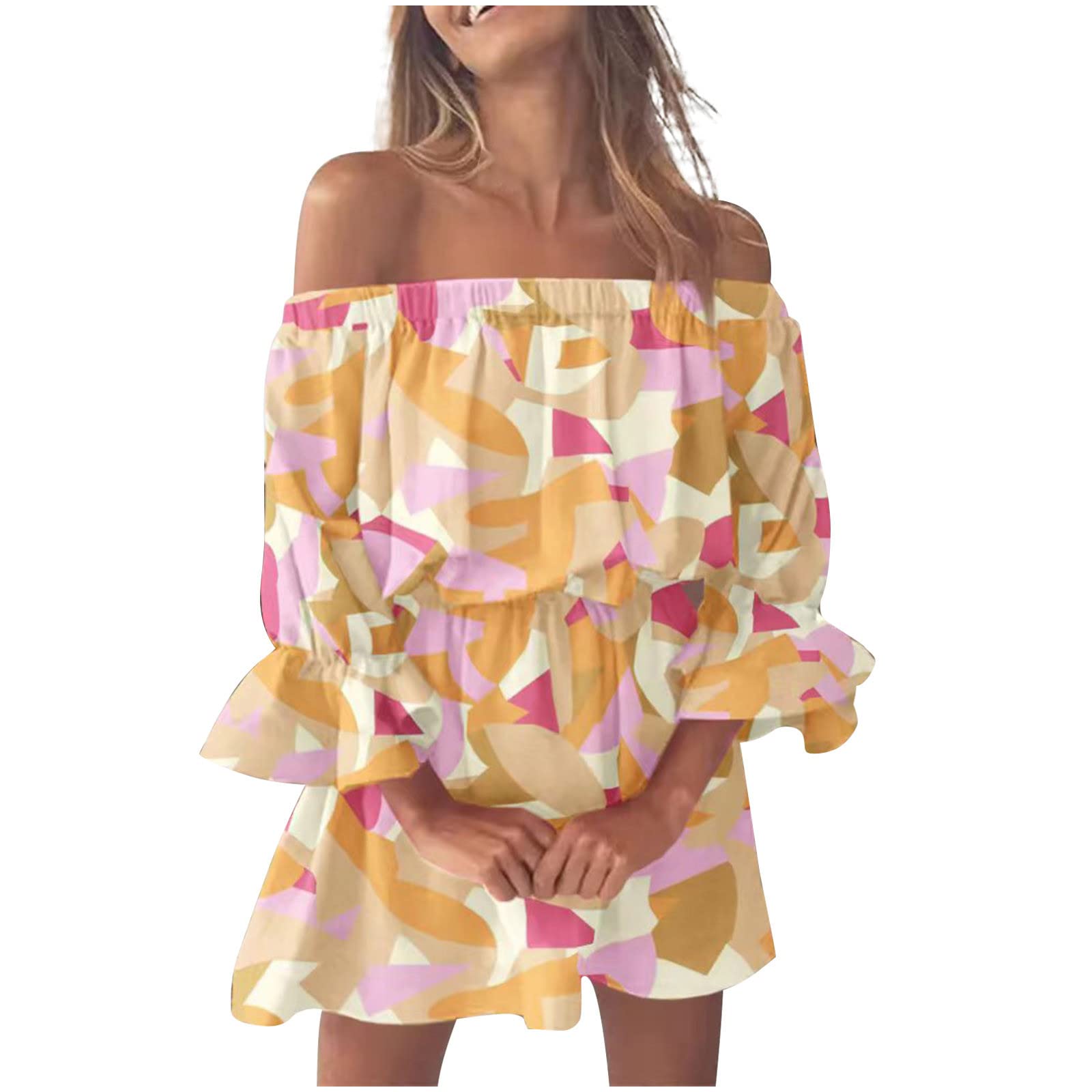 Sexy Off Shoulder Dress for Women - Trendy Summer Print Strapless Short Sleeve Party Dress - Perfect for Beach Vacation, Night Out, and Date Night