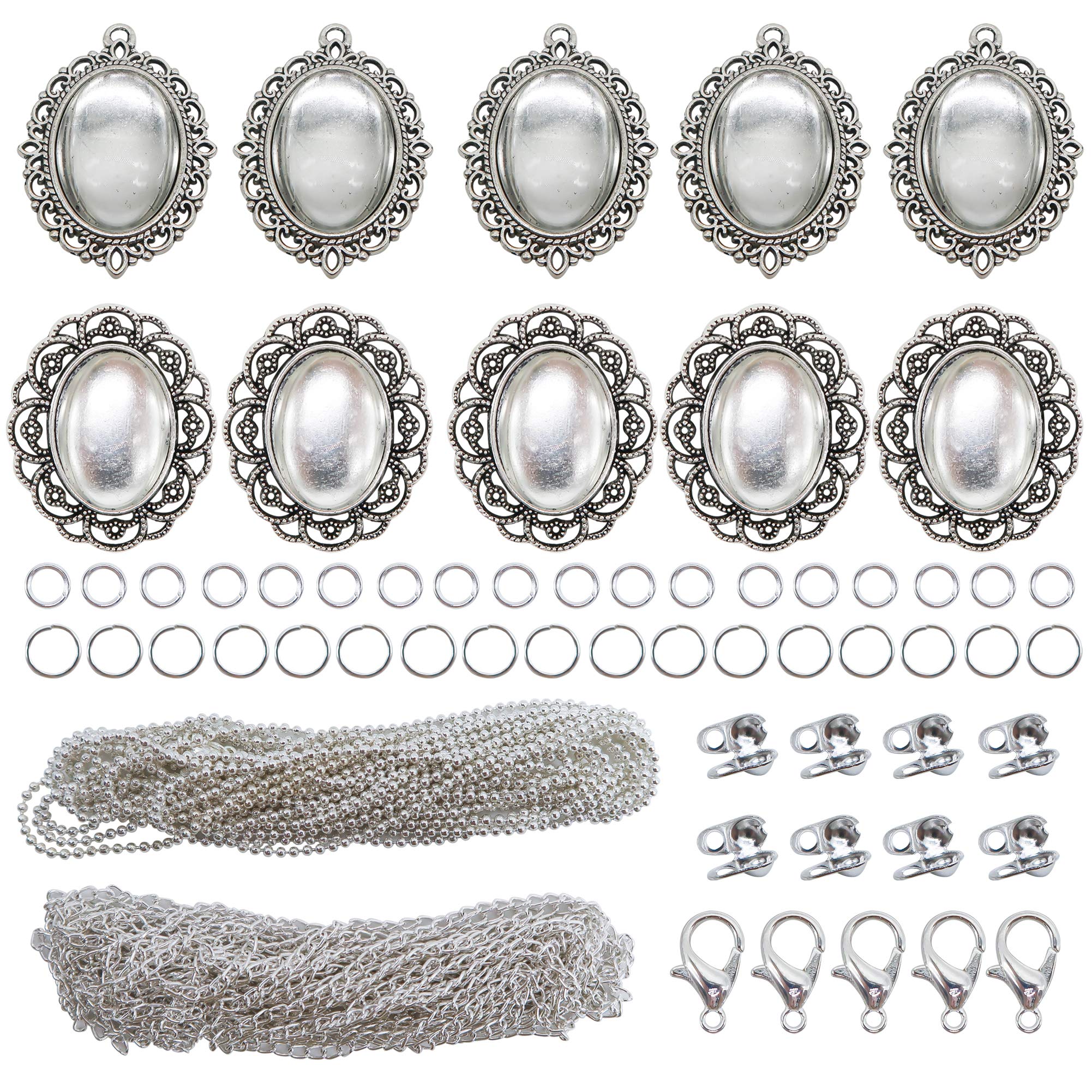 TOAOB 76pcs Silver Pendant Trays Set - 10 Oval Bezel Blanks, 10 Glass Cabochon Dome Tiles & 56 Jewelry Making Accessories for DIY Photo Pendant Crafting - Perfect for Necklaces, Bracelets, Earrings and Handmade Jewelry Designs