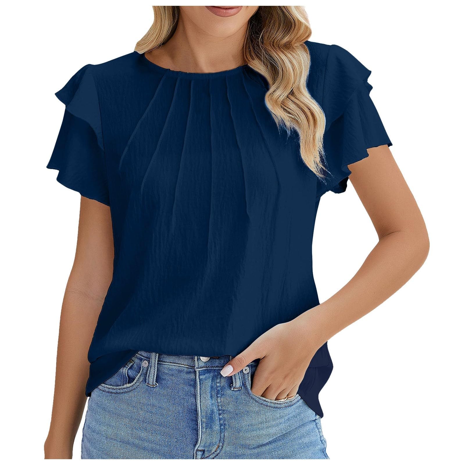 2024 New Women's Flowy Flutter Short Sleeve Summer Shirts - Flattering Crewneck Pleated Tunic Blouse for Casual Wear, Office & Vacation Outfits