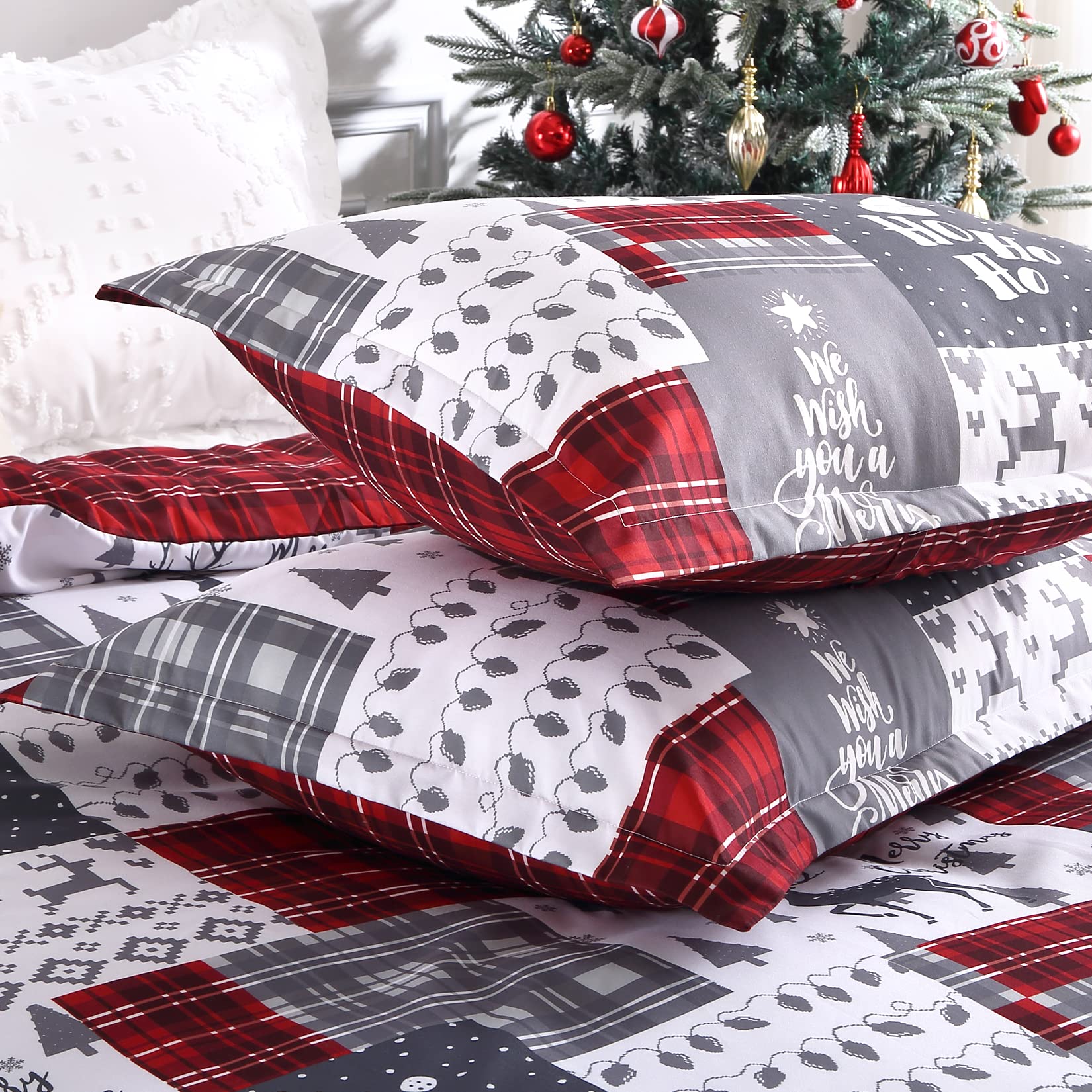 CAROMIO Christmas Duvet Cover King Size - Soft Red Microfiber Reversible Printed Comforter Cover Set - Holiday Plaid Bedding for Festive Home Decor - Perfect for Christmas Bedroom, Guest Room & Winter Season