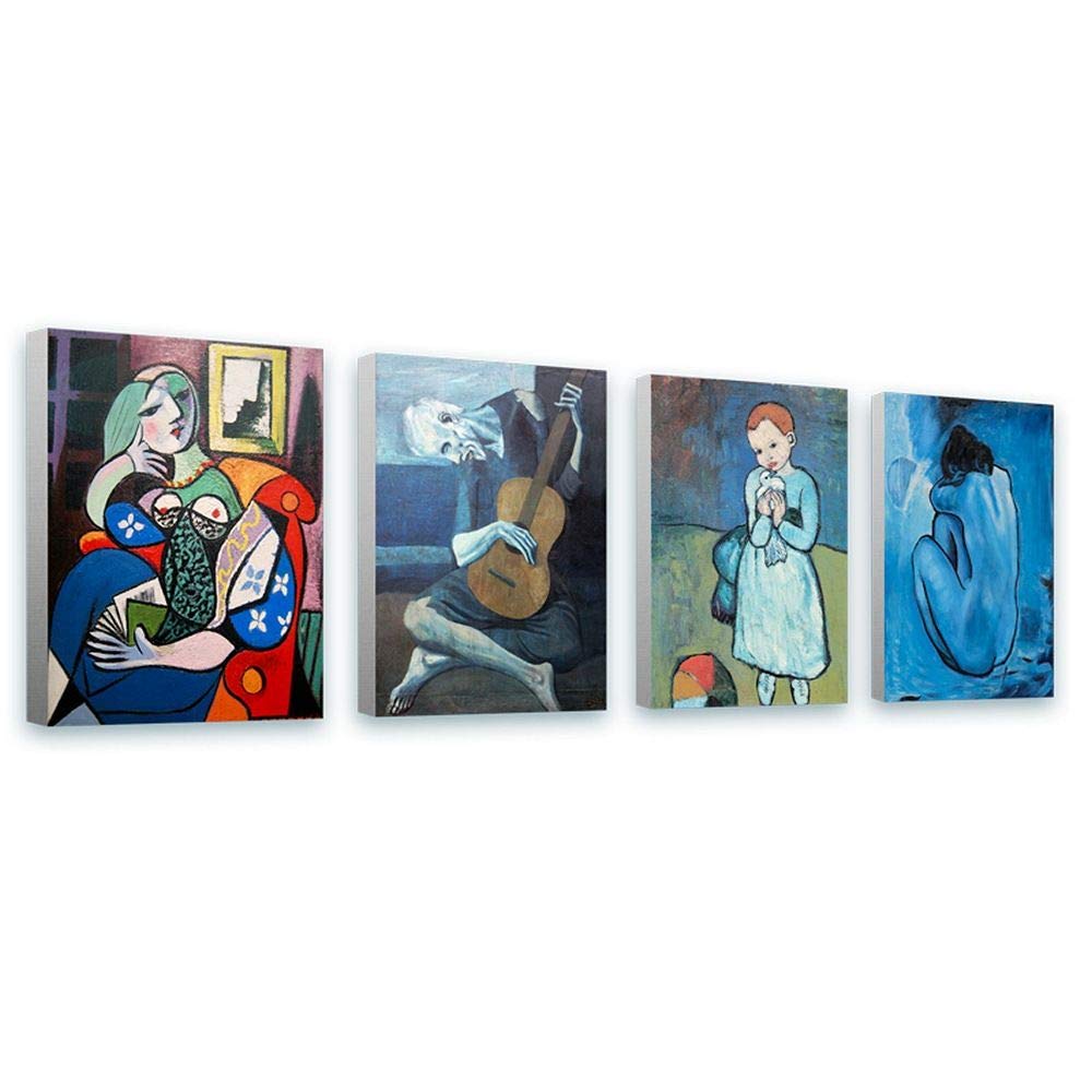 Pablo Picasso Lady Book Guitarist Blue Art Print - 12x16 Inch (30x41cm) 100% Cotton Canvas Wall Art - Set of 4 Framed Ready Paintings for Living Room, Bedroom & Nursery Decor | Famous Cubist Artwork for Home & Office