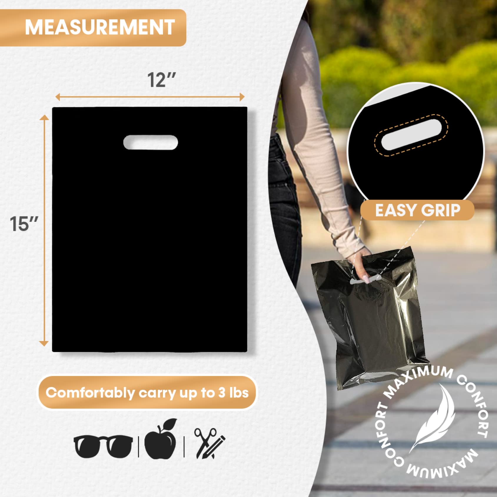 100 Pack 12x15 Inch Black Merchandise Bags with Die-Cut Handles - Strong, Durable & Tear-Resistant Shopping Bags for Retail Stores, Boutiques, Trade Shows & Gift Packaging - Perfect for Clothing, Jewelry & Event Giveaways