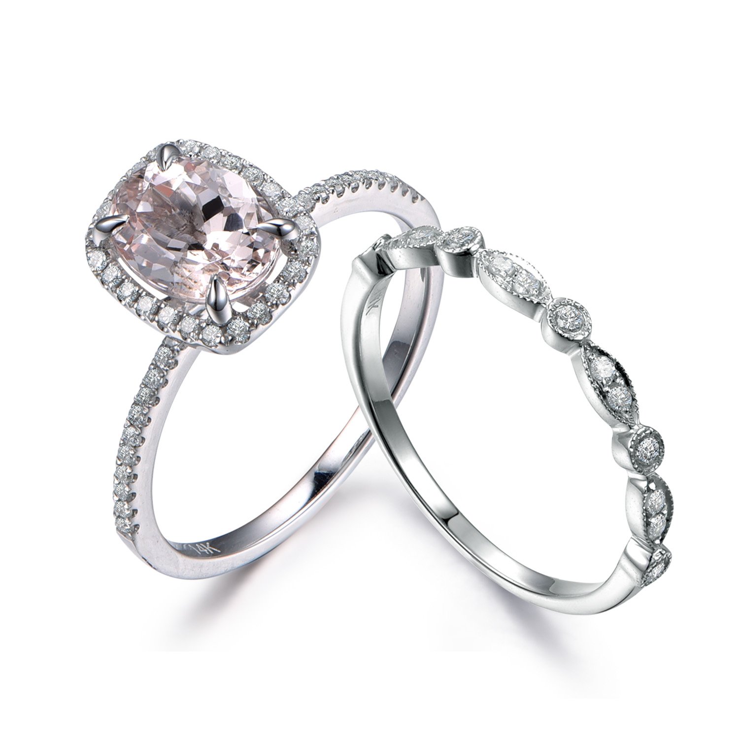 14K White Gold Oval Cut Morganite & Diamond Half Eternity Ring Set - Elegant Milgrain Wedding & Engagement Ring for Brides, Anniversary Gift, Romantic Occasions