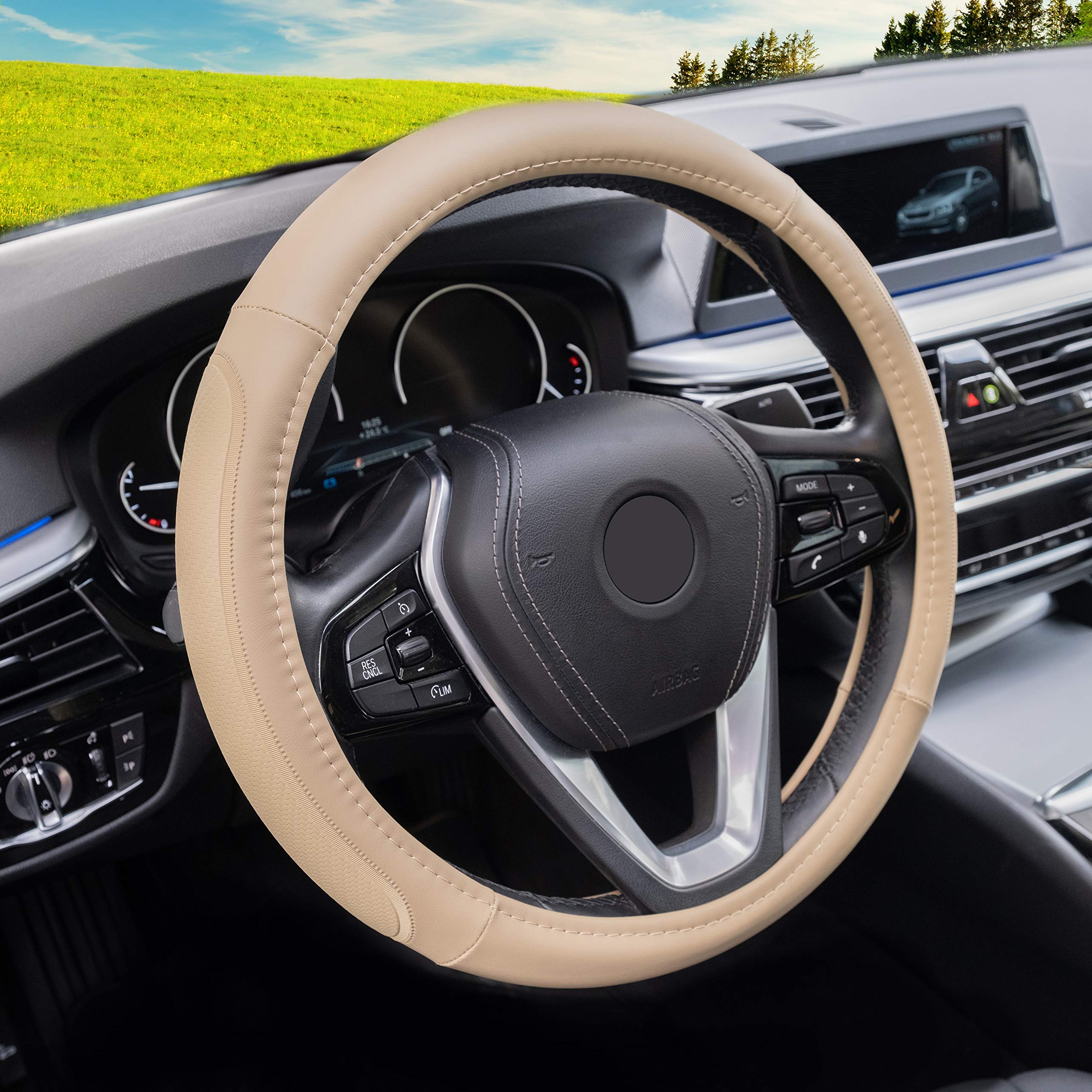 Premium Microfiber Leather Steering Wheel Cover - Beige, Heat Resistant & Anti-Slip Car Wheel Wrap - Fits 14.5-15 Inch Wheels for Most Cars & Trucks - Perfect for Summer Driving & Long Road Trips