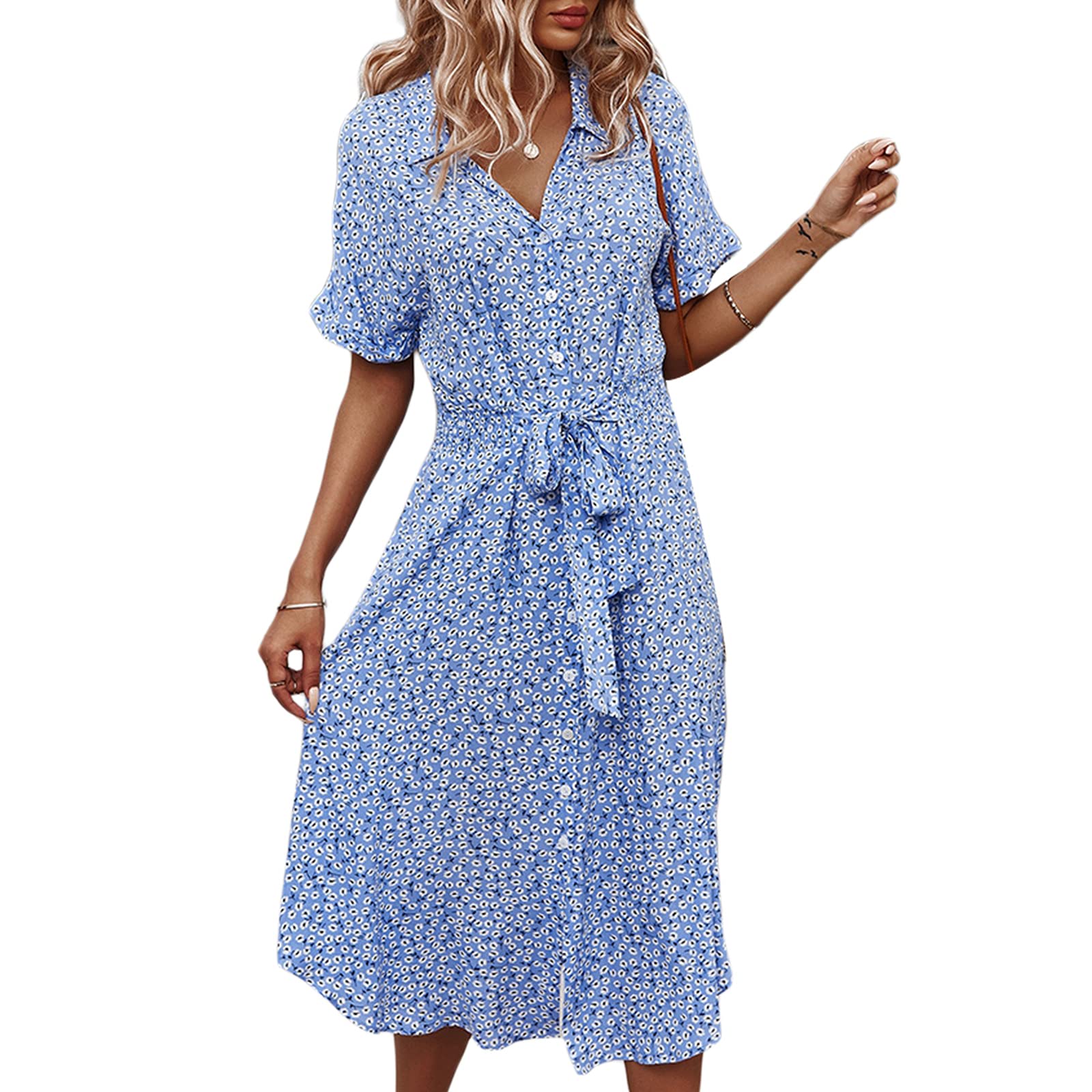 AIGUR Women's Floral Print Short Sleeve Button Down Midi Dress with Belt - Casual Loose Fit Shirt Dress for Summer, Office, and Outdoor Activities