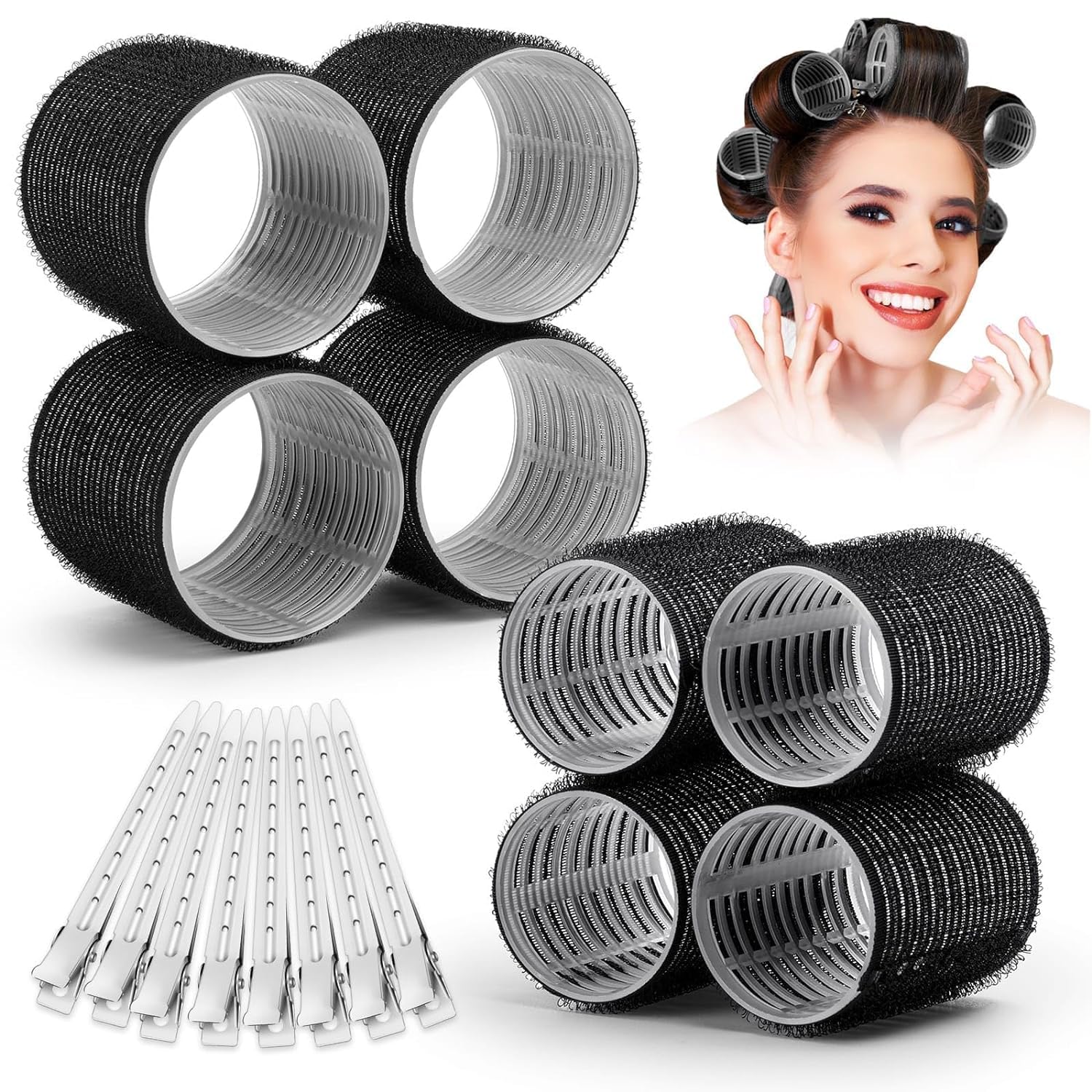 FUNZUO Self-Grip Hair Rollers & Heatless Curlers Set - 20 Pcs (8 Rollers + 12 Clips) for Long & Medium Hair - 2 Sizes (4 Jumbo & 4 Large) - Black | Perfect for Overnight Styling, Salon-Quality Curls at Home, and Travel-Friendly Hair Care