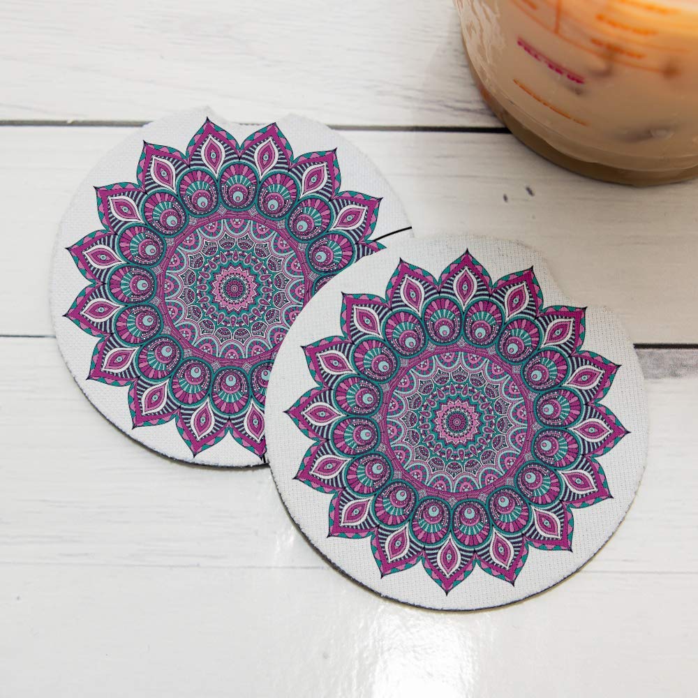 Purple Teal Mandala Car Coasters Set of 2 - Absorbent Drink Coasters with Non-Slip Rubber Backing (2.56 Inch) - Perfect Car Accessories for Coffee, Soda & Water Bottles - Great for Road Trips & Commuting