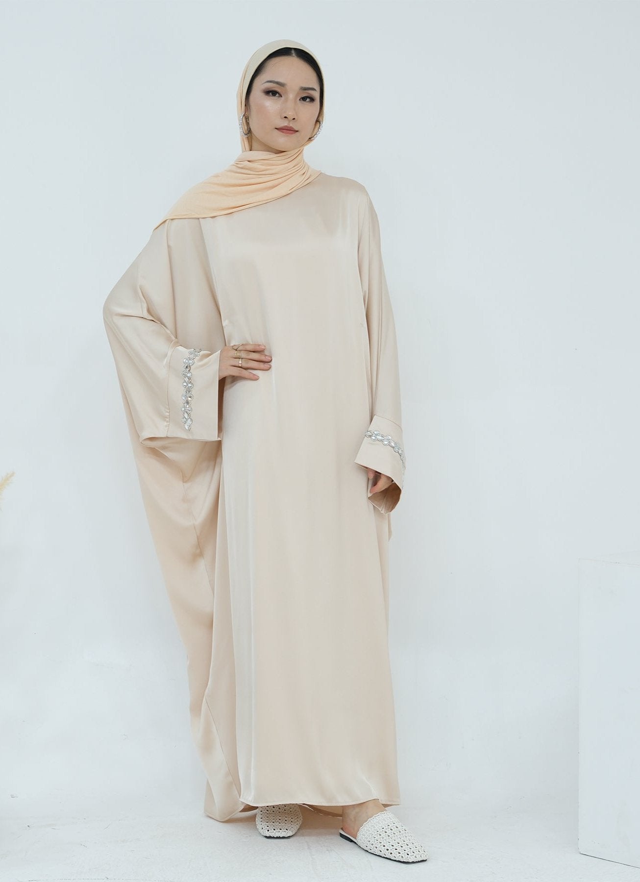 Delisa Butterfly Satin Abaya Beige - Elegant Muslim Prayer Dress for Women, Modest Islamic Clothing for Special Occasions & Daily Wear