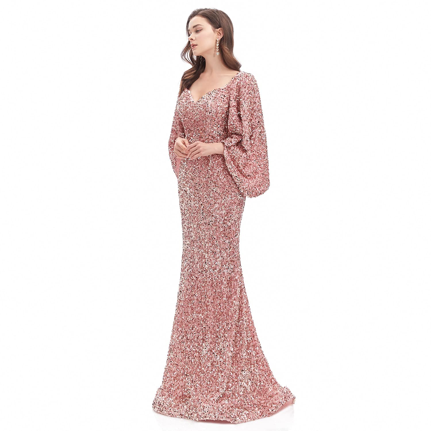Engerla Sexy Long Sleeve Mermaid Party Dress - Black Sequins Lace Evening Gown for Women, Formal Maxi Dress for Prom, Wedding, Cocktail Party & Special Occasions