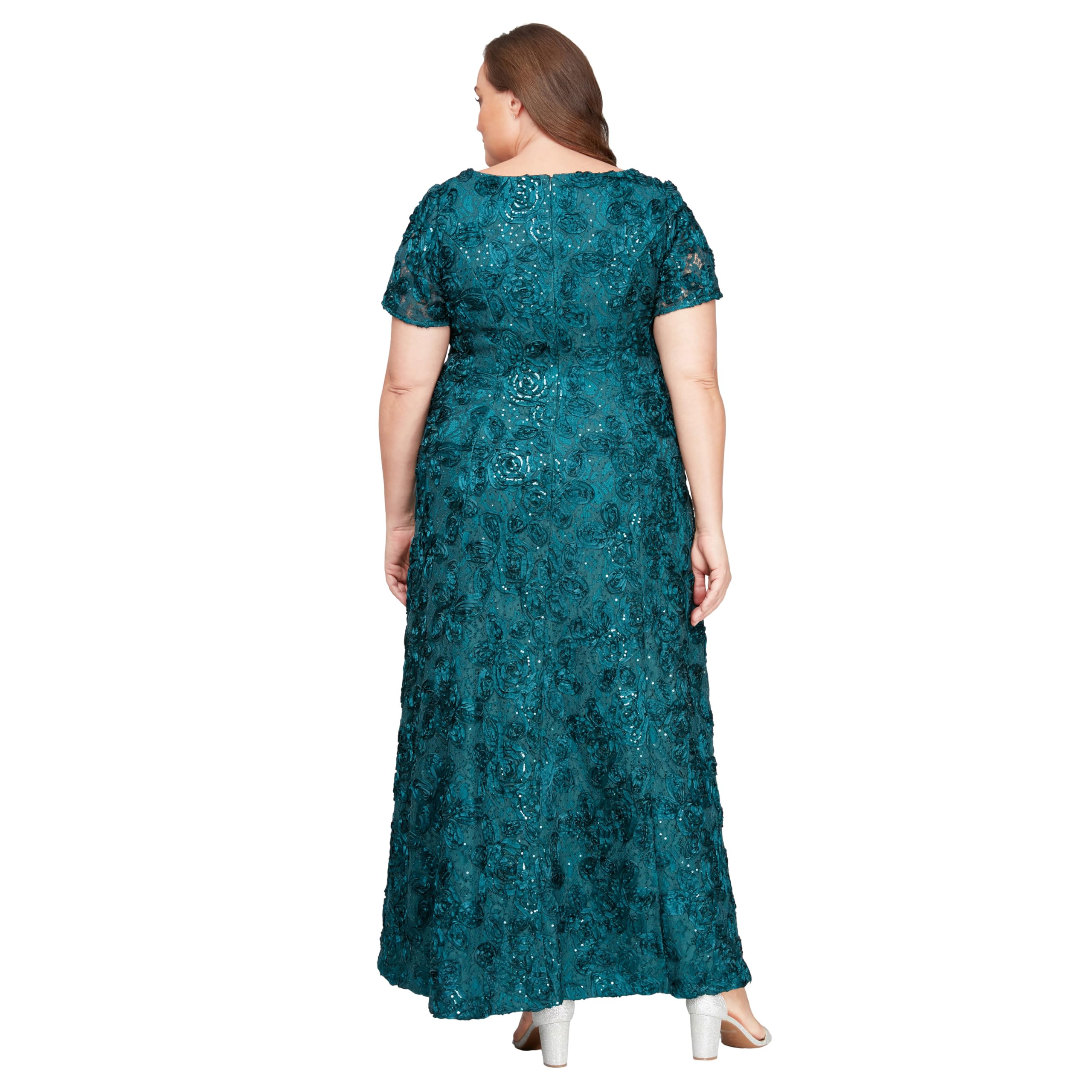 Alex Evenings Women's Plus Size Long Rosette Mother of The Bride Dress with Short Sleeves - Elegant Formal Gown for Weddings, Parties & Special Occasions