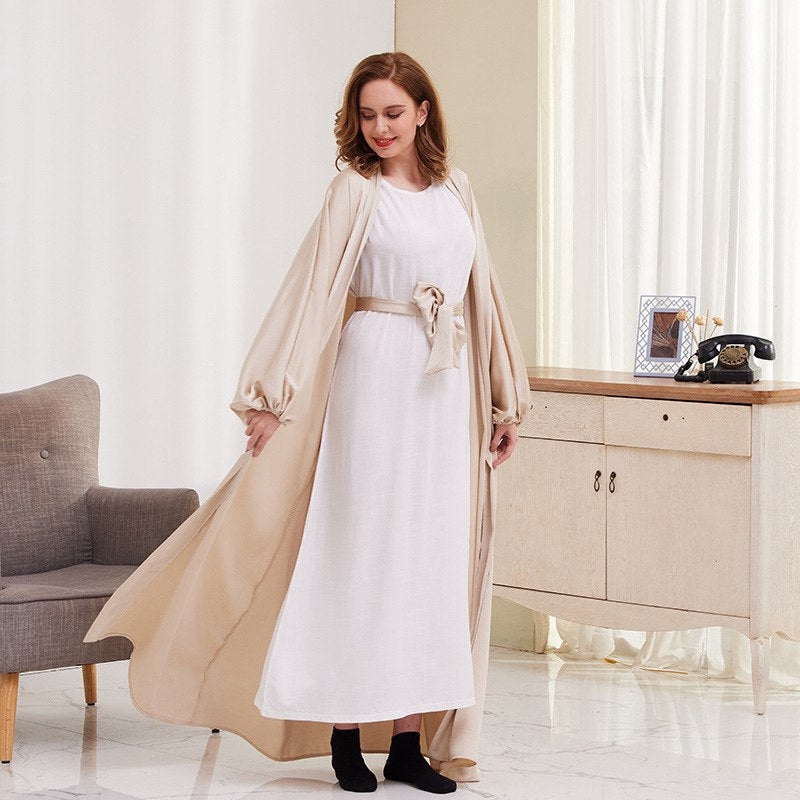 Elegant Puff Sleeve Open Abaya Dress for Muslim Women - Modest Islamic Clothing for Prayer, Eid & Special Occasions