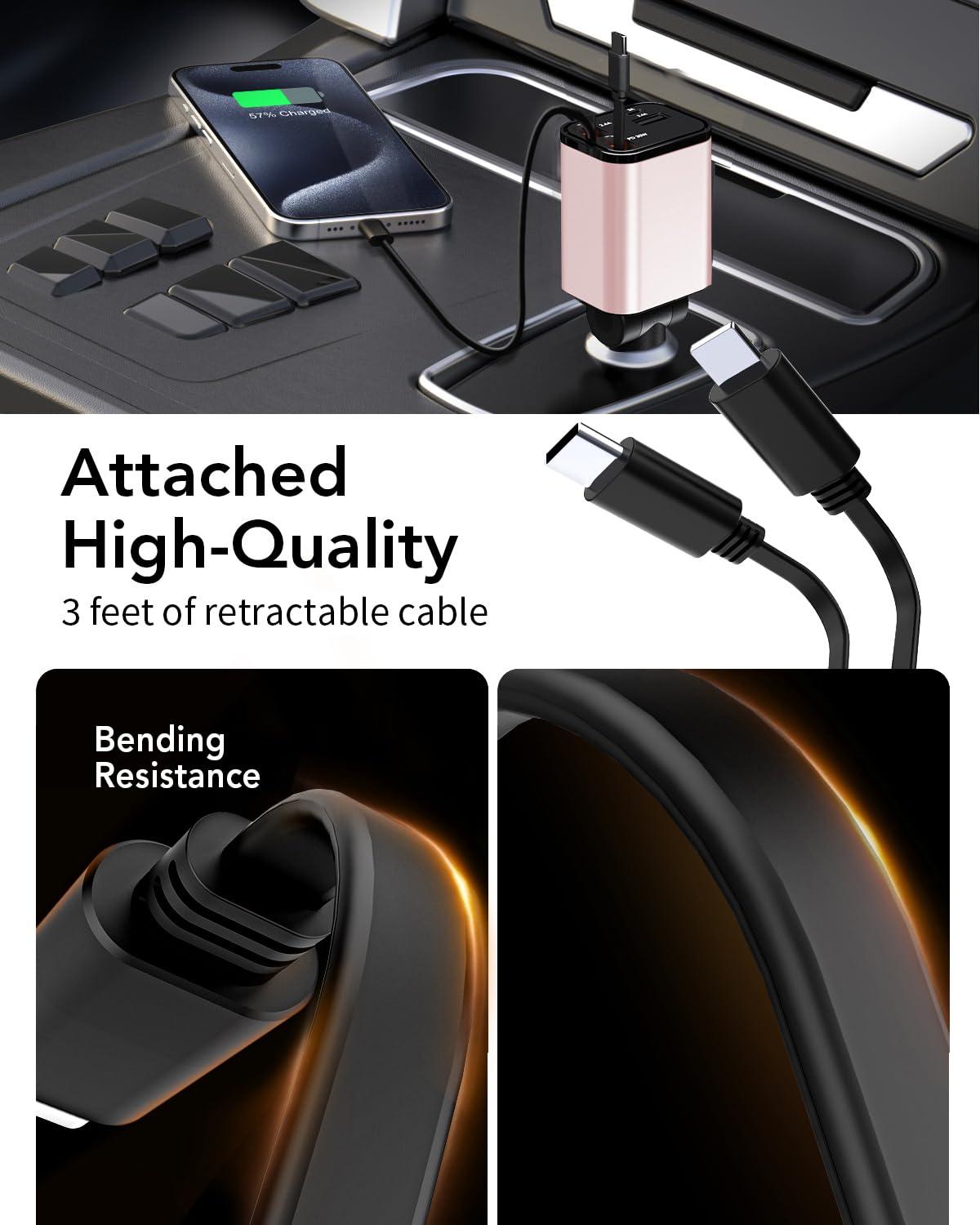 69W 4-in-1 Retractable Car Charger with 2 USB Ports & 2 Retractable Cables - Fast Charging for iPhone 16/15/14/13/12/11, Samsung Galaxy & Google Pixel - Perfect for Road Trips, Commuting & Emergency Charging