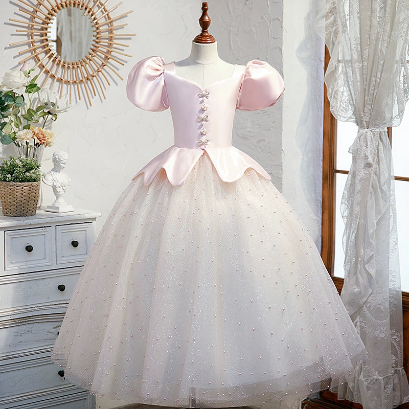 Pink Princess V-Neck Floor-Length Satin Flower Girl Dress for Weddings, Pageants & Special Occasions
