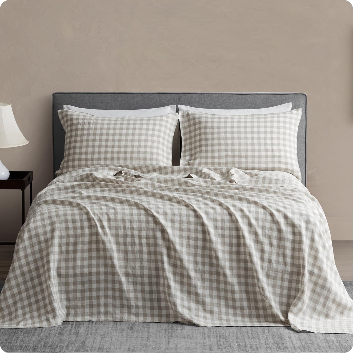 DAPU 100% Washed Linen Sheet Set Full Size - 4 Piece Hypoallergenic Soft Bedding with Envelope Closure, Gingham Check Plaid Geometric Pattern in Beige & White | Breathable & Comfortable for All Seasons, Perfect for Master Bedroom, Guest Room & Vacation Homes