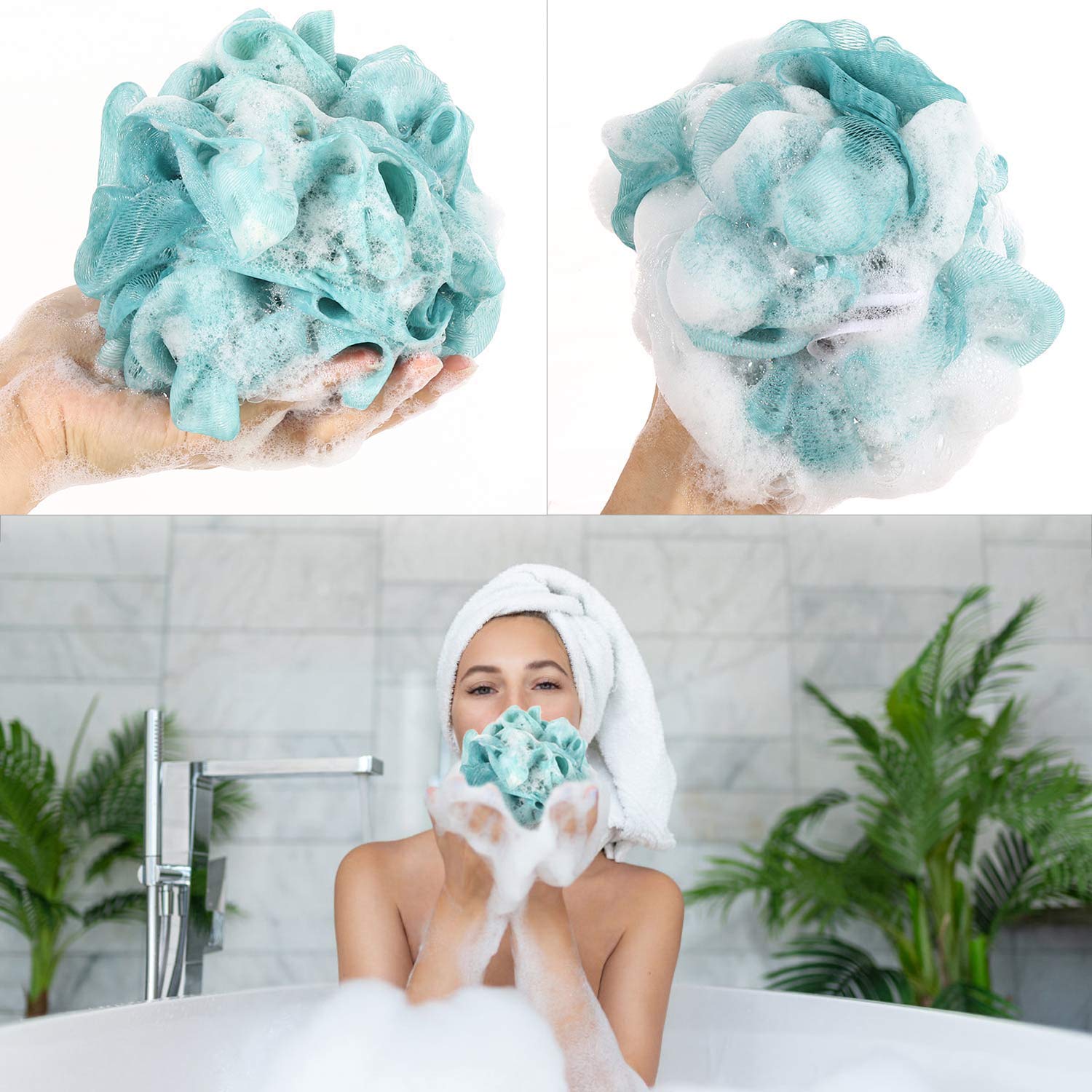 BlueFinger Bath Pouf Mesh Loofah Sponge - Soft Exfoliating Shower Pouf for Gentle Skin Cleansing, 4-Pack - Perfect for Daily Shower, Spa & Body Wash Routine
