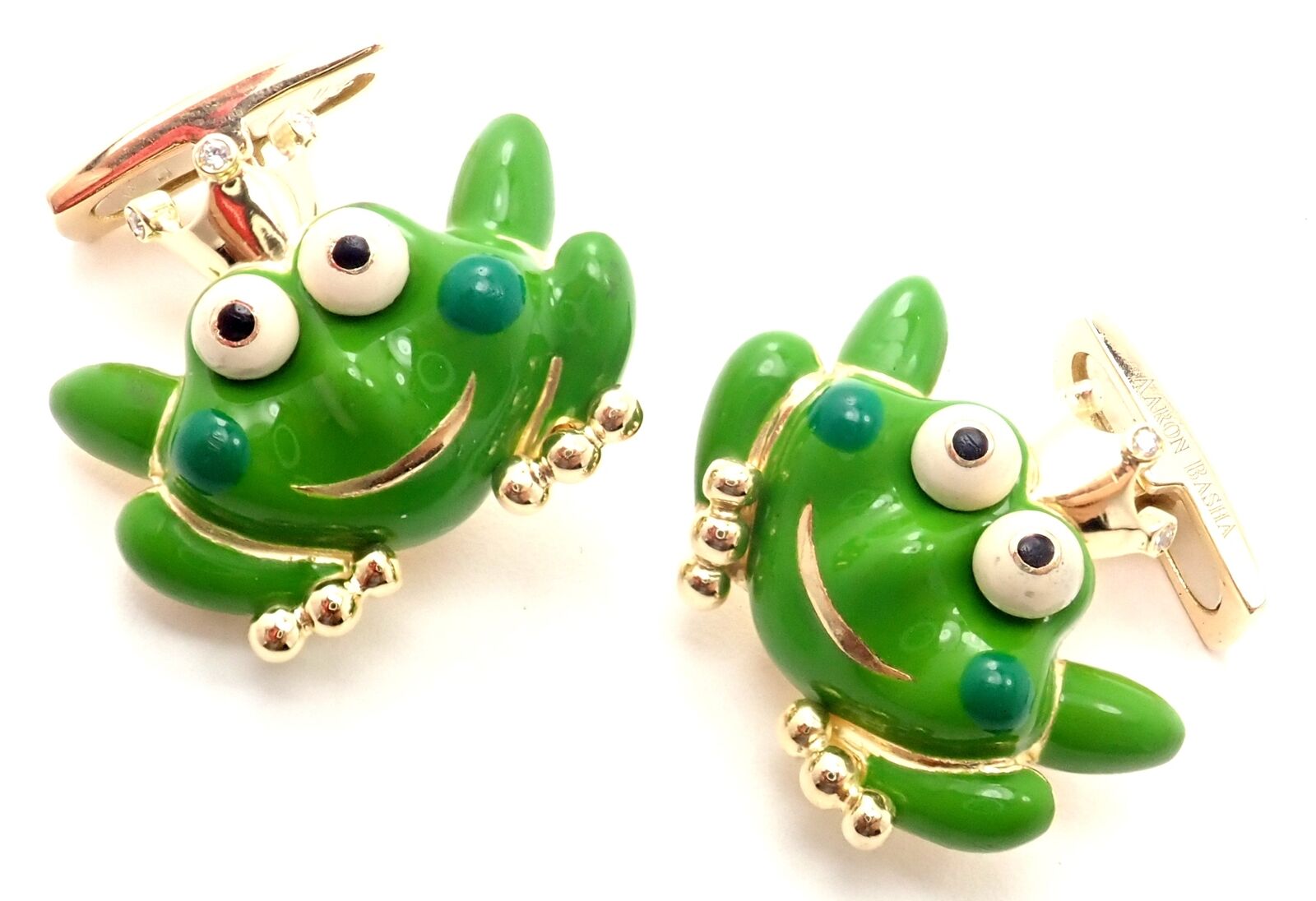 Authentic Aaron Basha 18k Yellow Gold Diamond Enamel Frog Prince Cufflinks - Luxury Gift for Men, Perfect for Weddings & Formal Events