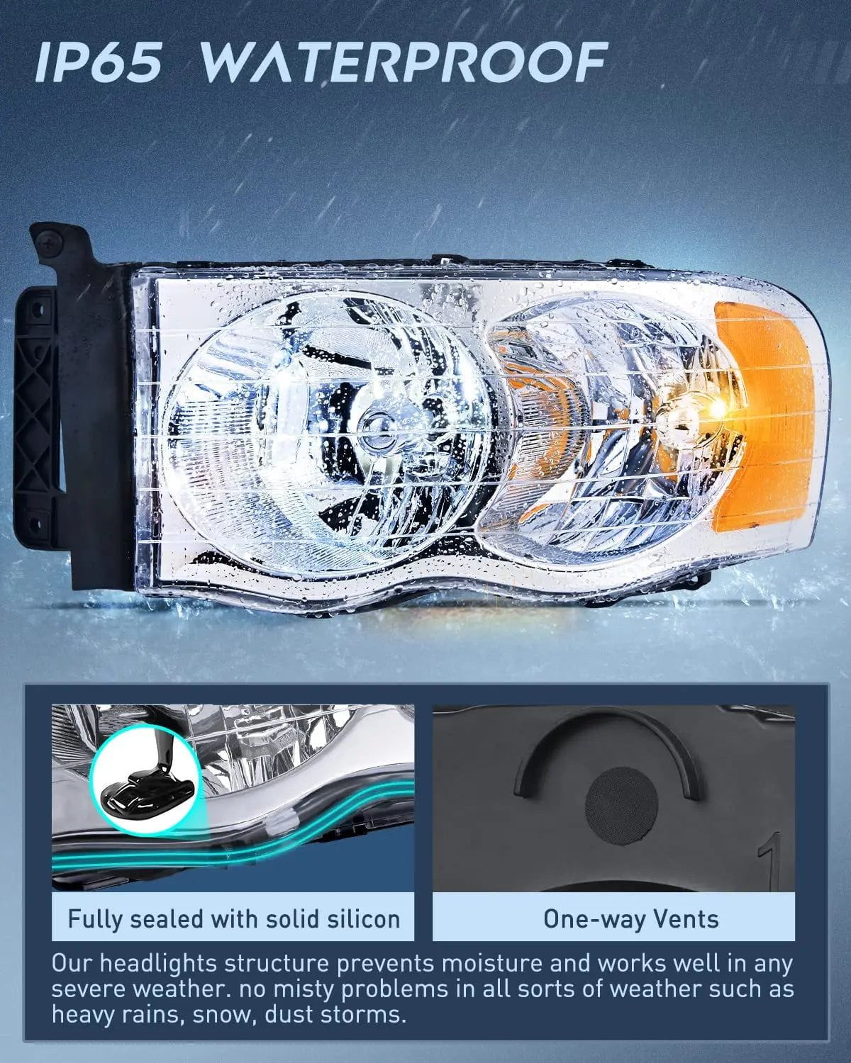 2002-2005 Dodge Ram 1500/2500/3500 Chrome Headlight Assembly with Amber Reflector - Replacement Headlights for Improved Night Driving & Off-Road Visibility