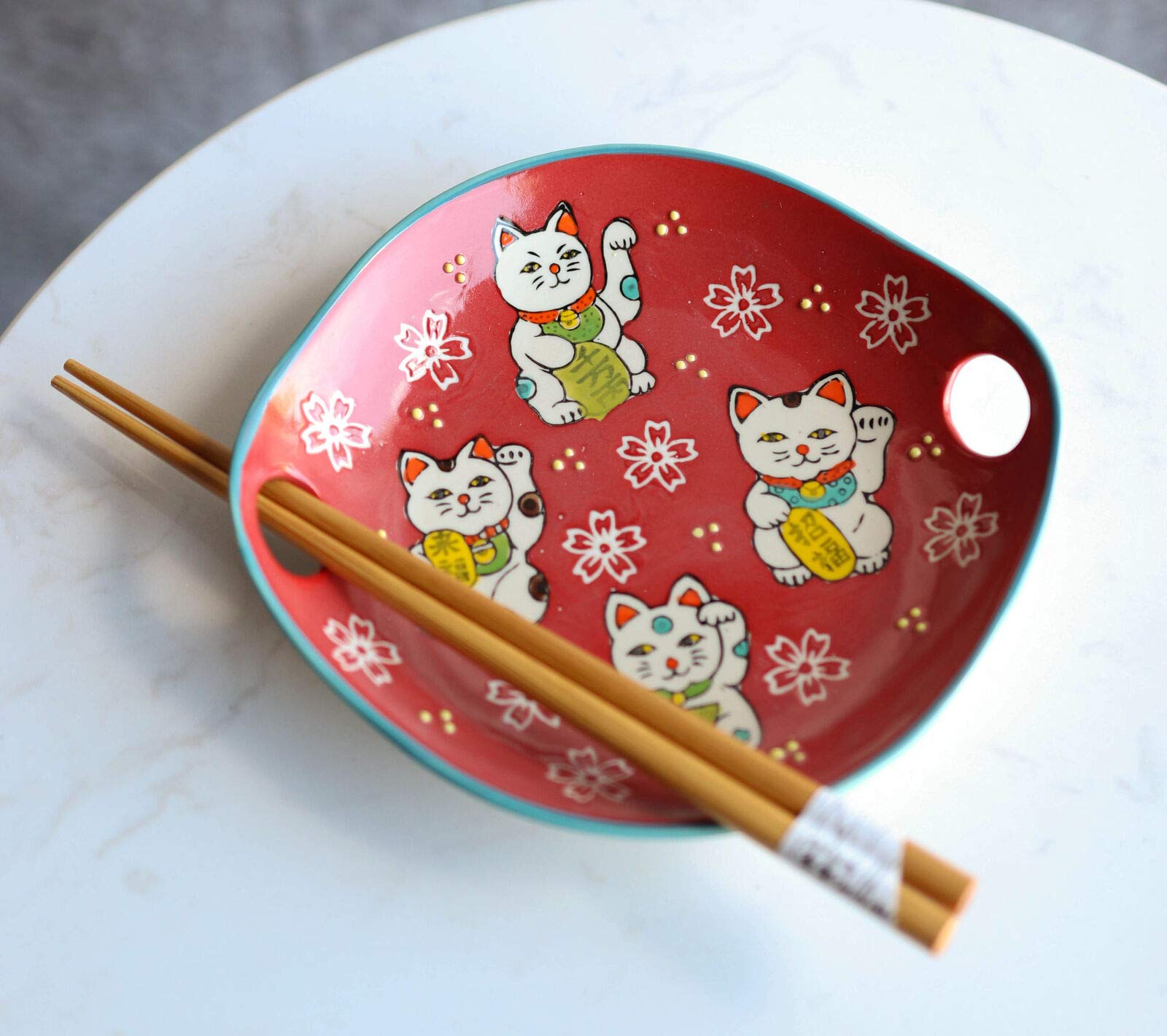 2 Pack Red Maneki Neko Lucky Cat Appetizer Plates with Chopsticks Set - Japanese Fortune Cat Sushi Serving Dishes for Asian Party, Home Decor & Good Luck Gift