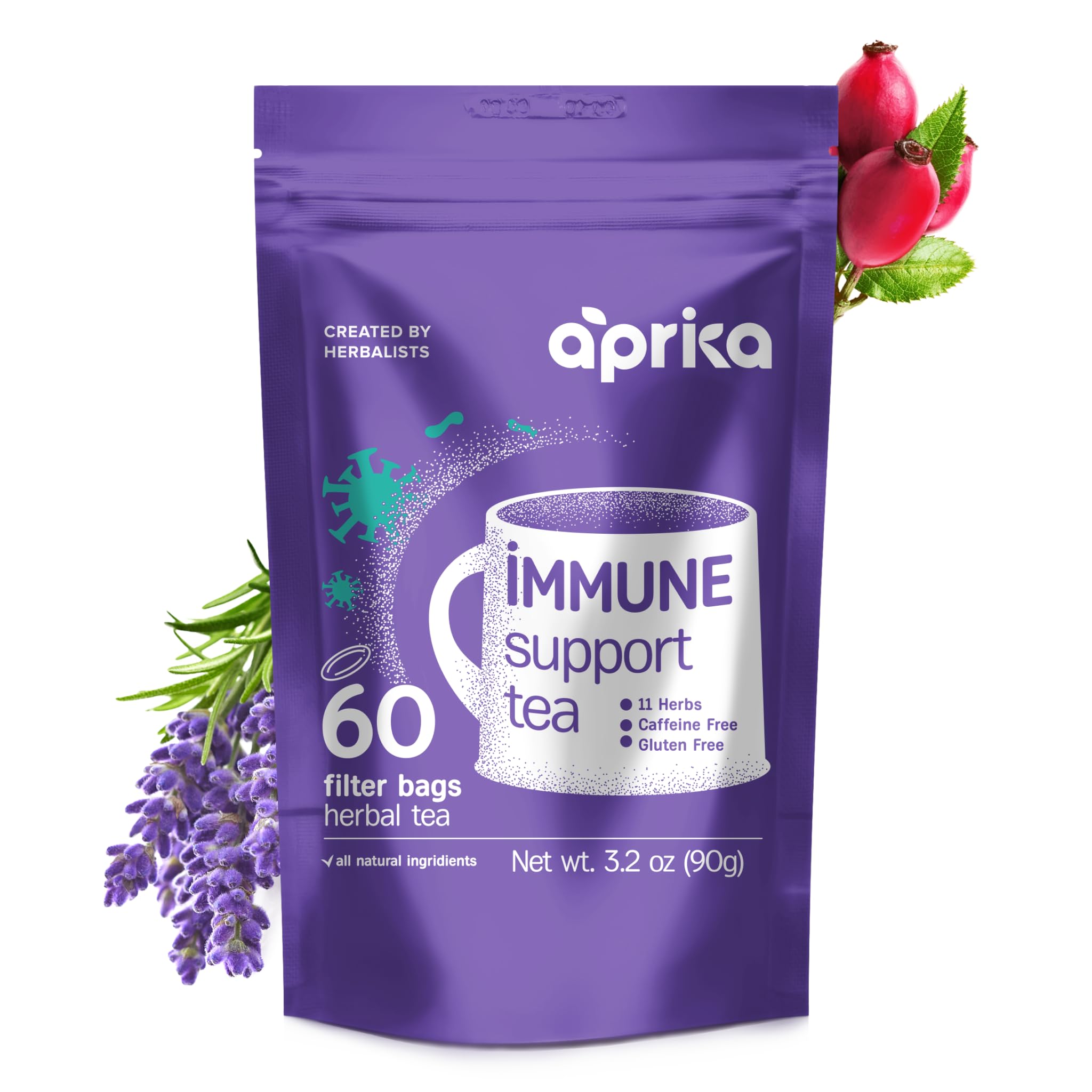 Organic Decaf Herbal Tea Bags for Immunity Support - Lemon Balm, Peppermint, Chamomile & Lavender Blend | Caffeine-Free Immune Booster Supplement | 60 Count by Aprika Life | Perfect for Relaxation, Stress Relief & Wellness Routine