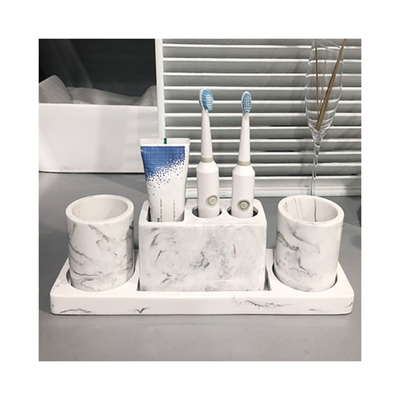 Qgg Marble Pattern Electric Toothbrush Holder Set - Bathroom Organizer Tray with Glass Toothbrush Cup & Soap Dish | Modern Bathroom Accessories for Countertop Organization | Perfect for Spa-Style Bathrooms & Guest Suites
