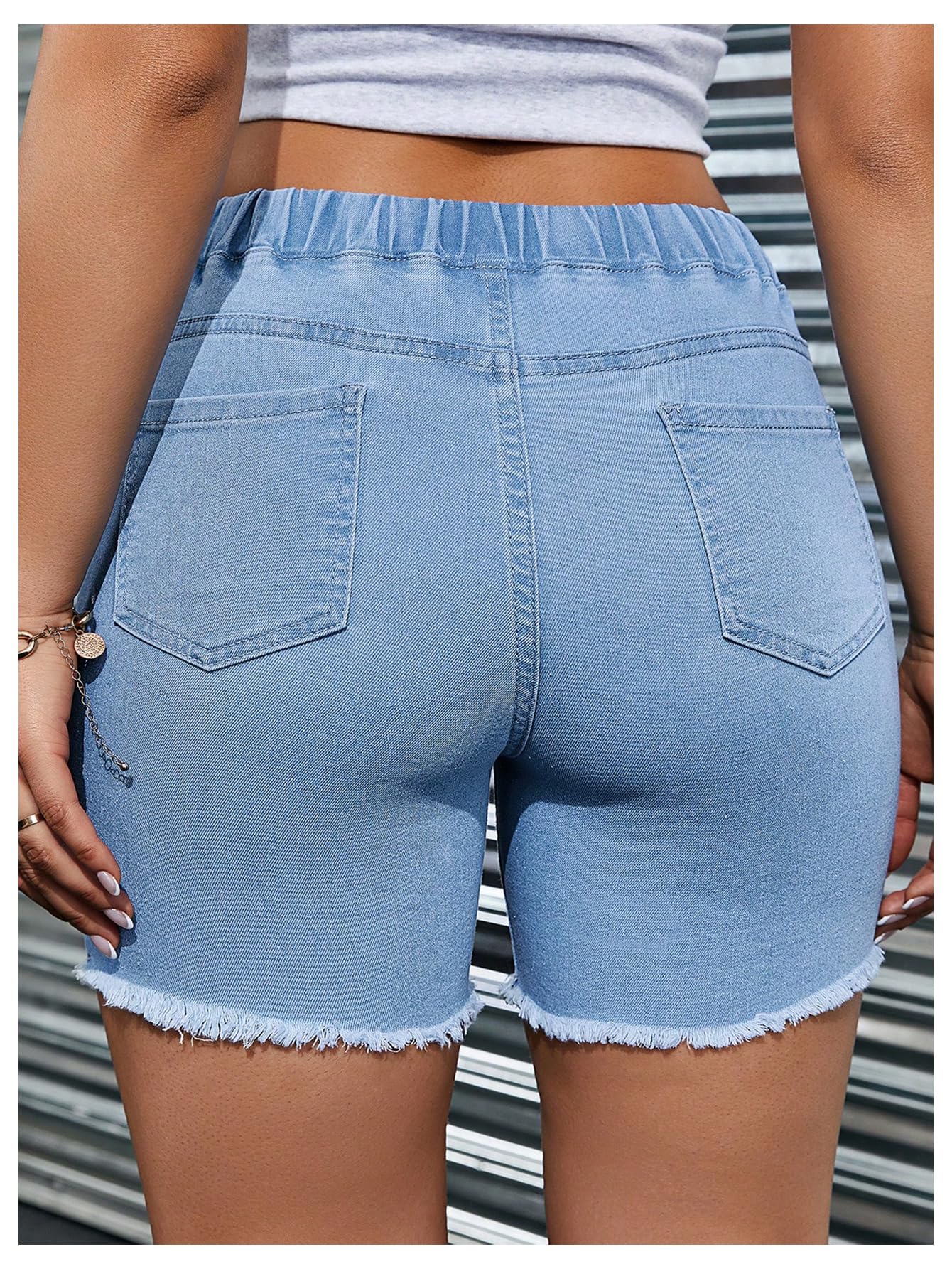 MakeMeChic Women's Casual Drawstring Denim Biker Shorts with Frayed Hem - High Waisted Jean Shorts for Women | Perfect for Summer, Workouts, and Casual Outings