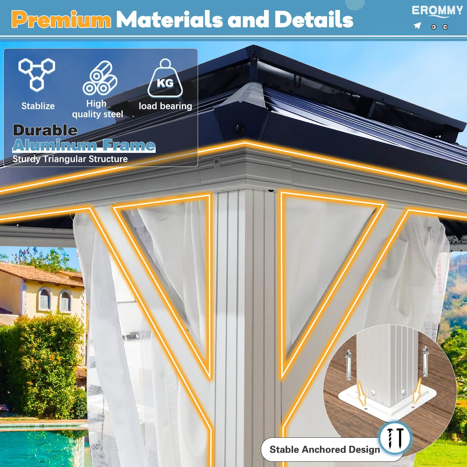 10' x 12' Hardtop Gazebo with Galvanized Steel Roof - All Season Aluminum Outdoor Pergola with Netting & Curtains - Weatherproof Patio Cover for Backyard, Garden, Deck & Outdoor Entertaining (Blue)