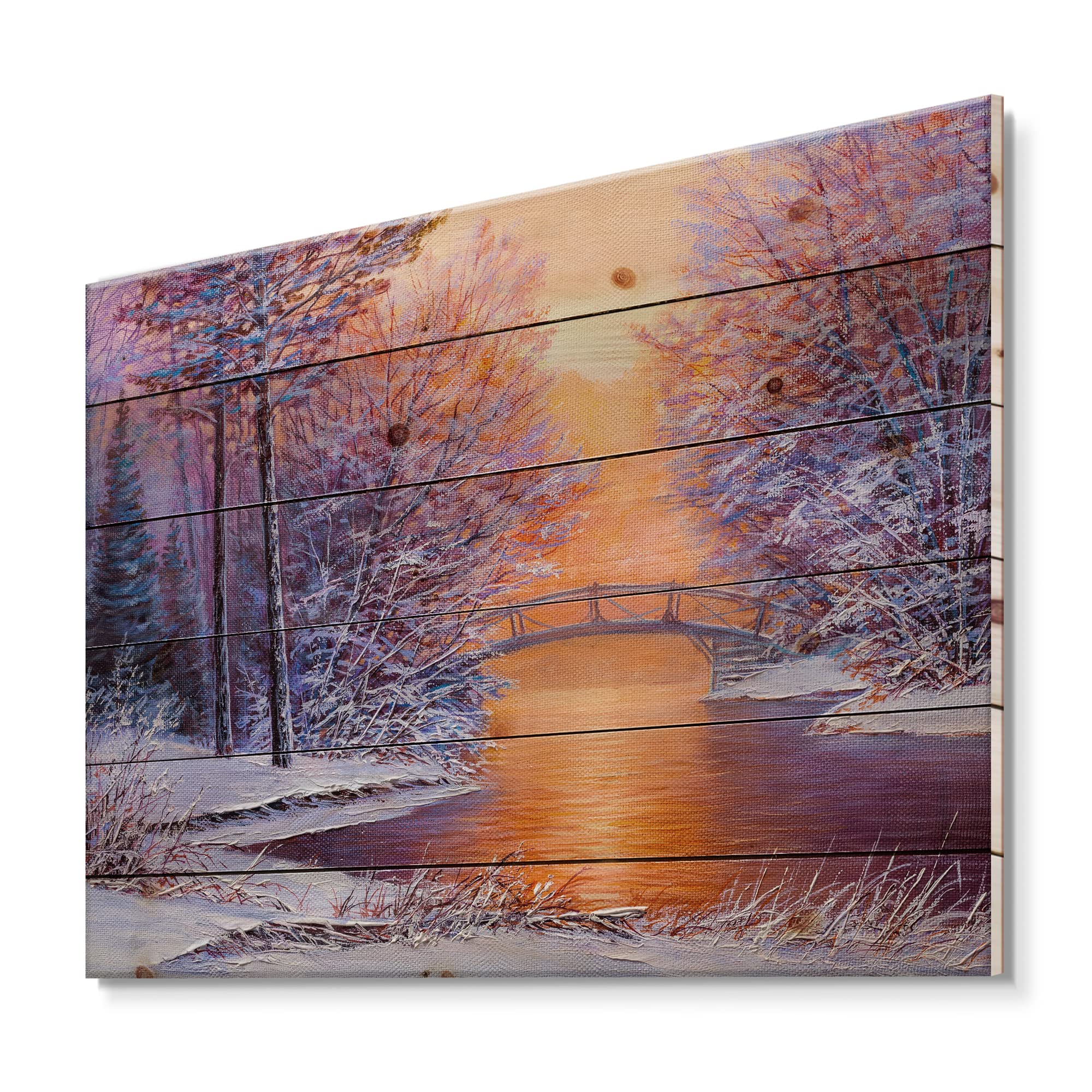 DesignQ Winter River Bridge Landscape Wood Wall Art - Traditional White Wooden Wall Decor, Large Pine Wood Panel Print for Living Room, Bedroom & Office