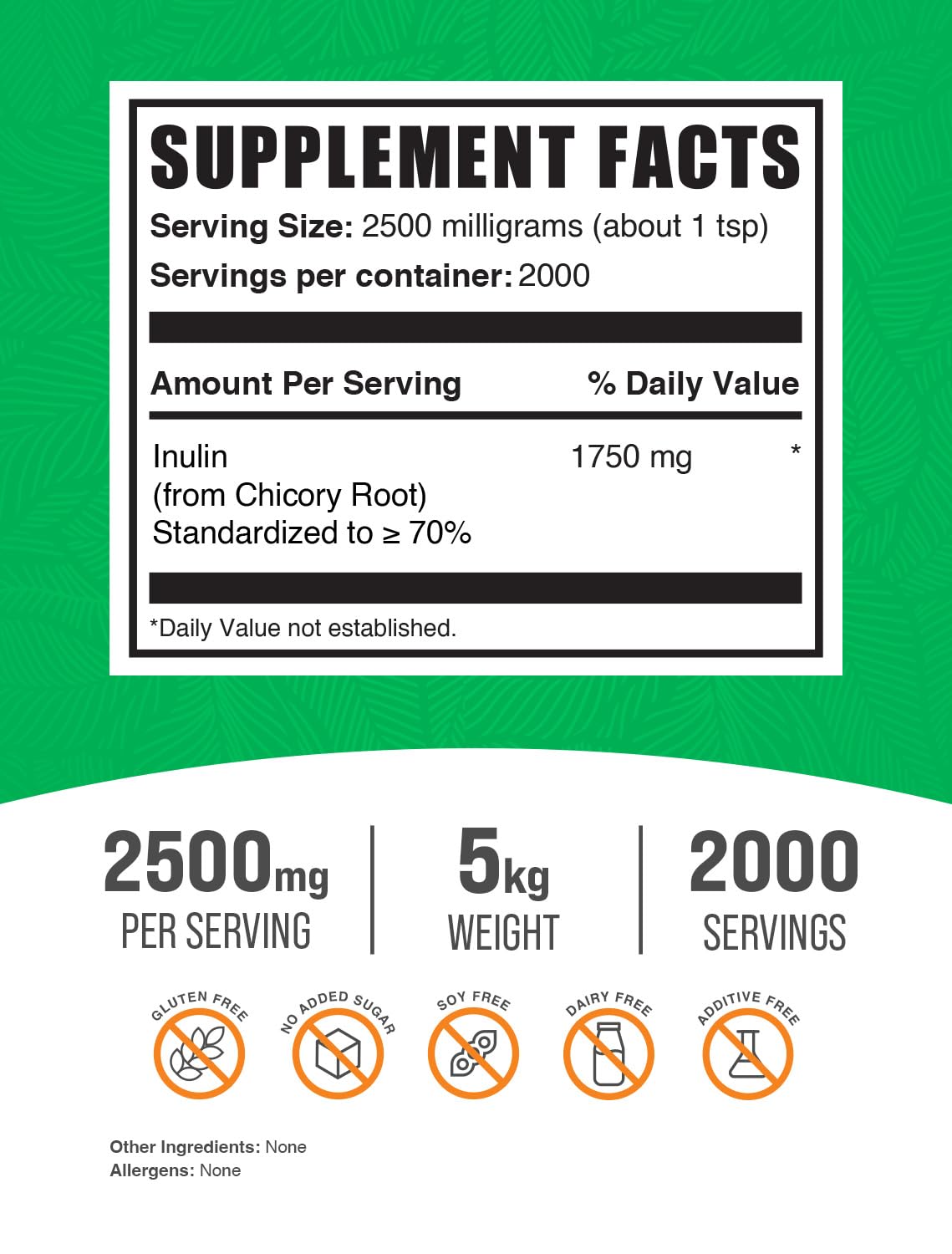 BulkSupplements Pure Inulin Powder 5kg (11 lbs) - Soluble Fiber Supplement, 2500mg per Serving, Vegan & Gluten Free - Perfect for Smoothies, Baking & Gut Health Support