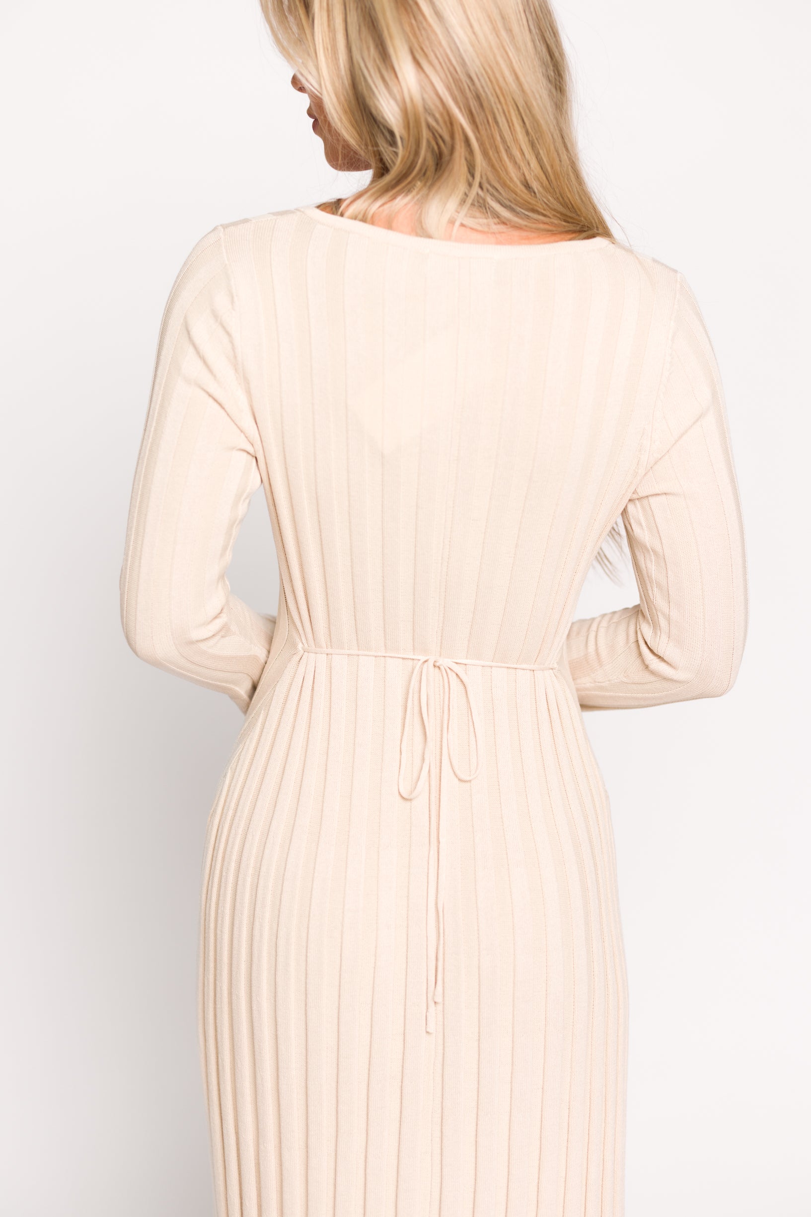 Hadley Long Sleeve V Neck Knit Maxi Dress in Cream Taupe - Elegant Women's Casual Maxi Dress for Fall & Winter, Perfect for Office, Date Night and Holiday Parties