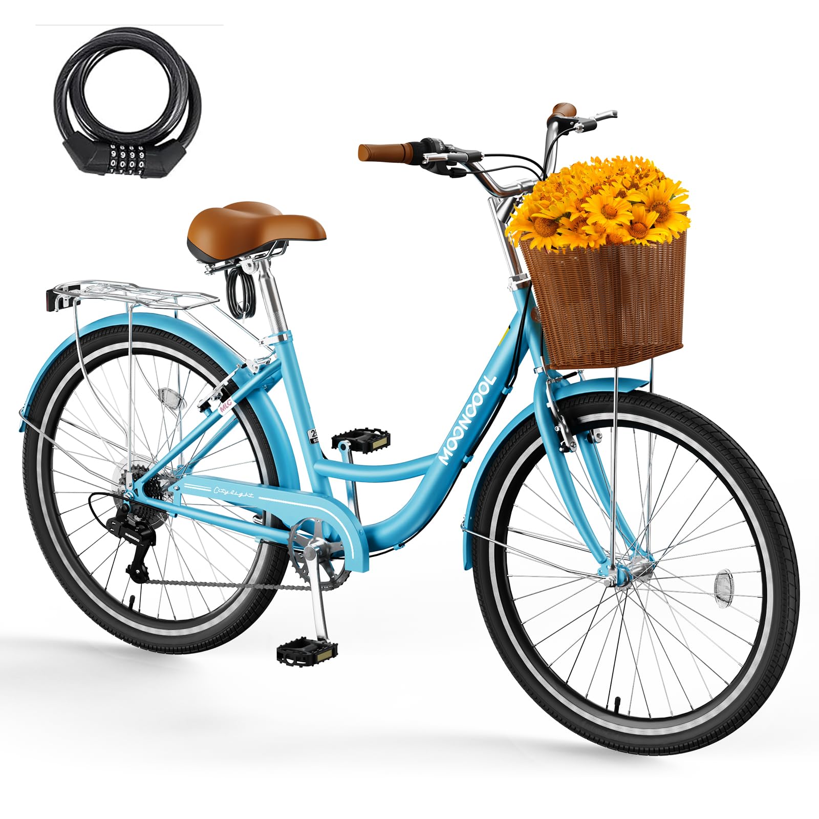 24/26 Inch Women's 7-Speed Cruiser Bike with Basket & Lock - Lightweight City Commuter Bicycle for Ladies - Perfect for Beach Rides, Daily Commuting & Leisure Cycling